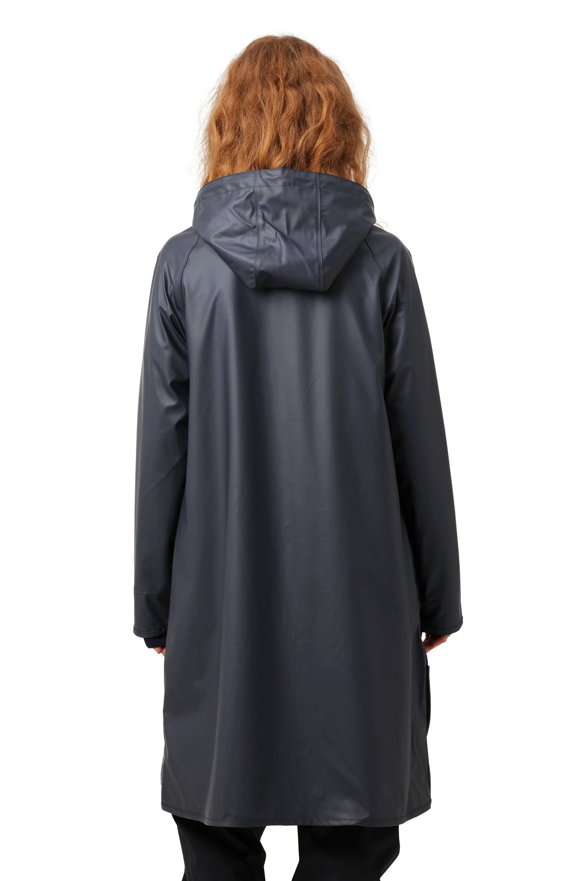 Ilse Jacobsen Waterproof Snap Hood Rain Jacket in navy blue shown from the back, lightweight outerwear coat.
