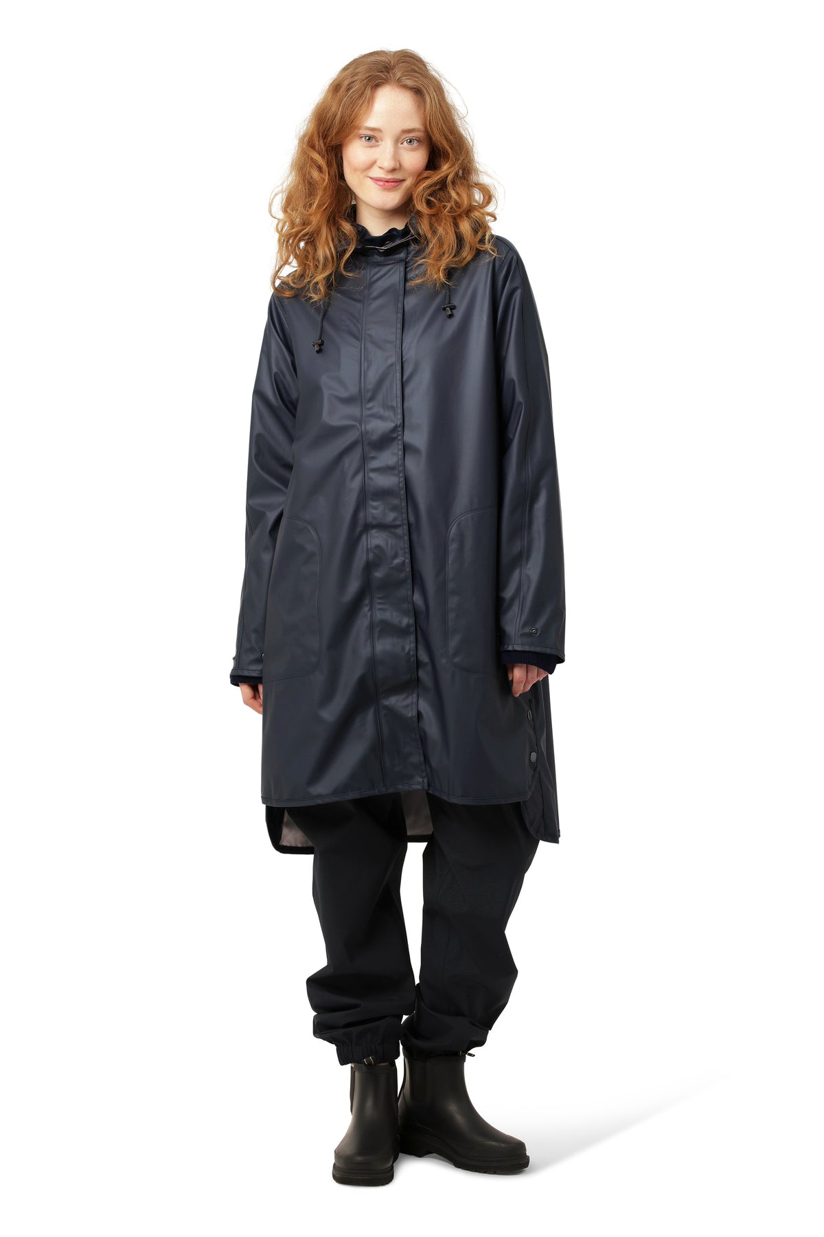 Ilse Jacobsen Waterproof Snap Hood Rain Jacket in navy blue outerwear styled with black pants and boots