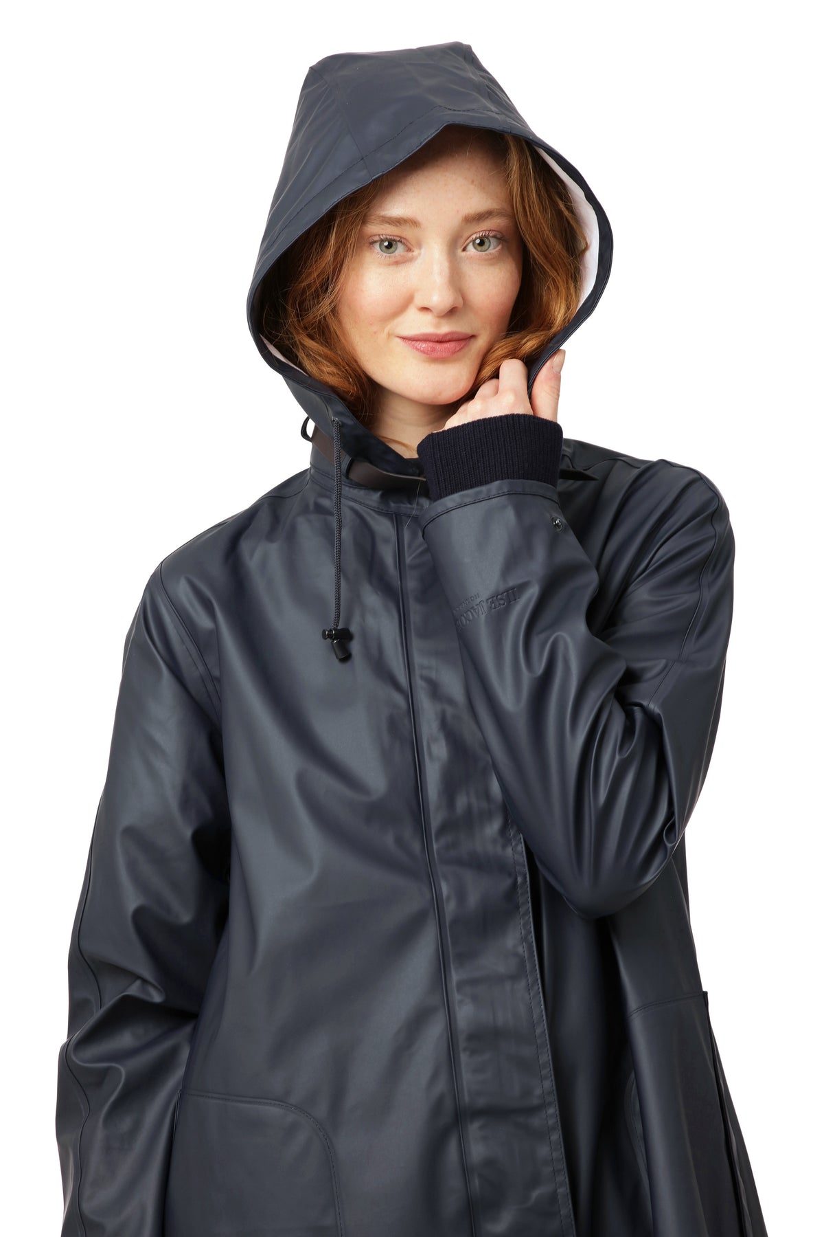 Ilse Jacobsen Waterproof Snap Hood Rain Jacket in navy blue outerwear with adjustable hood and sleek design by Ilse Jacobsen
