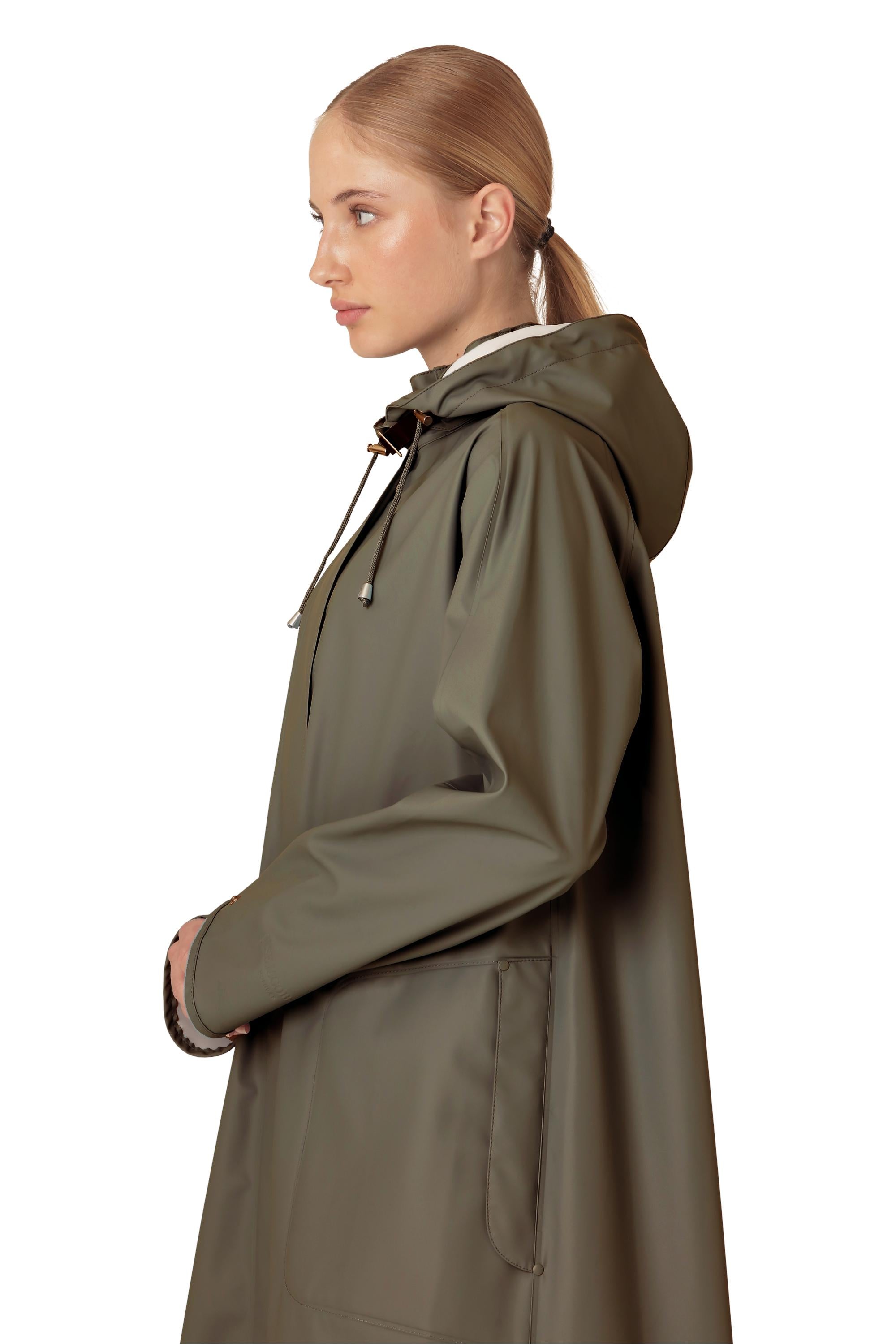 Ilse Jacobsen Waterproof Snap Hood Rain Jacket in olive green with a hood and front pockets by Ilse Jacobsen