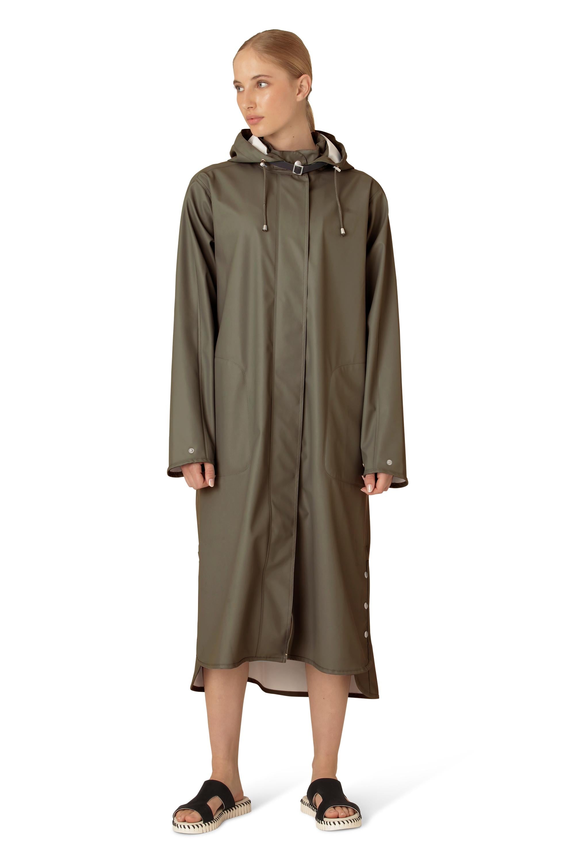 Ilse Jacobsen Waterproof Snap Hood Rain Jacket in olive green, long waterproof outerwear with hood and snap details