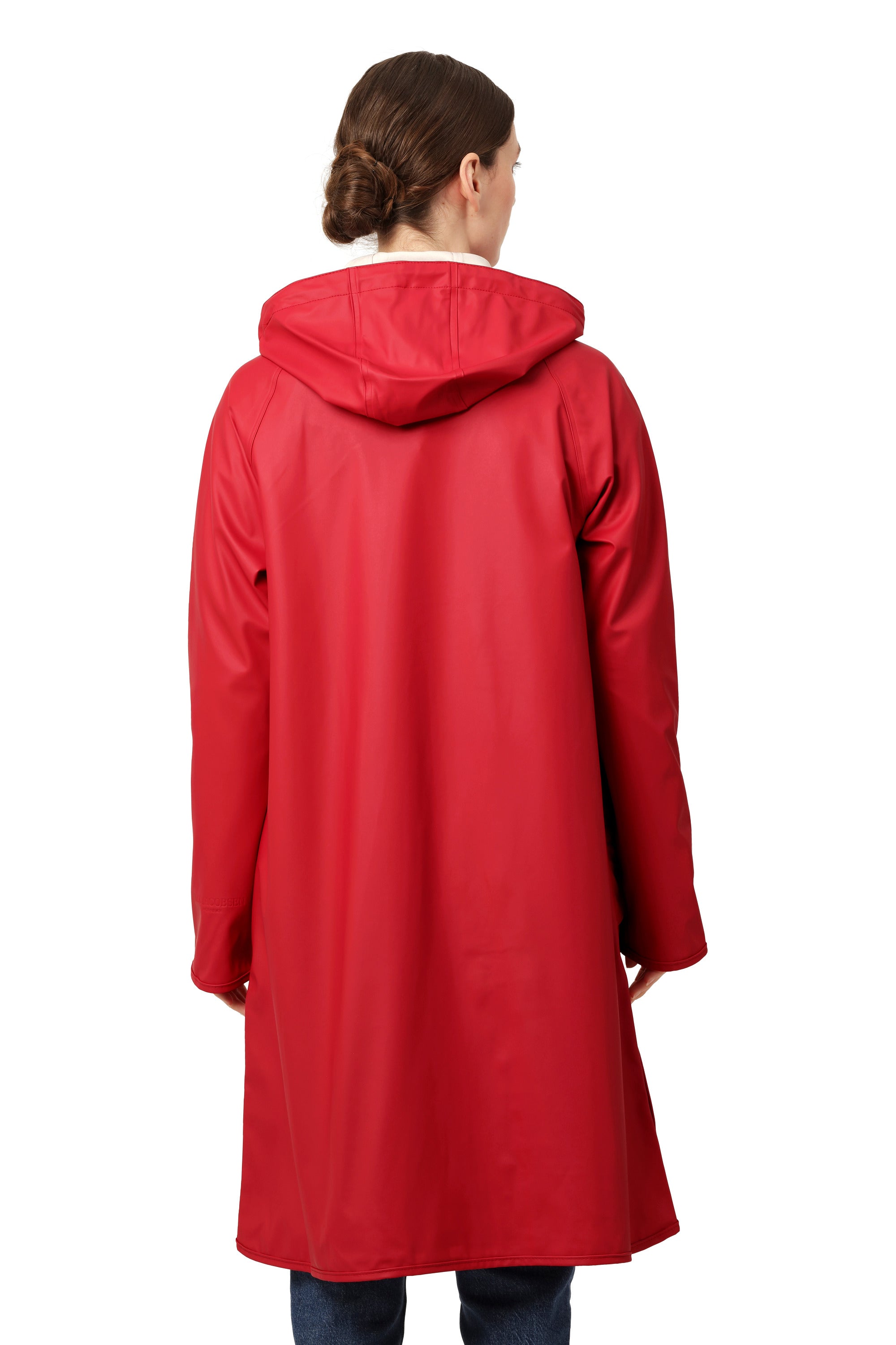 Back view of red Ilse Jacobsen Waterproof Snap Hood Rain Jacket with hood, showcasing outerwear by Ilse Jacobsen