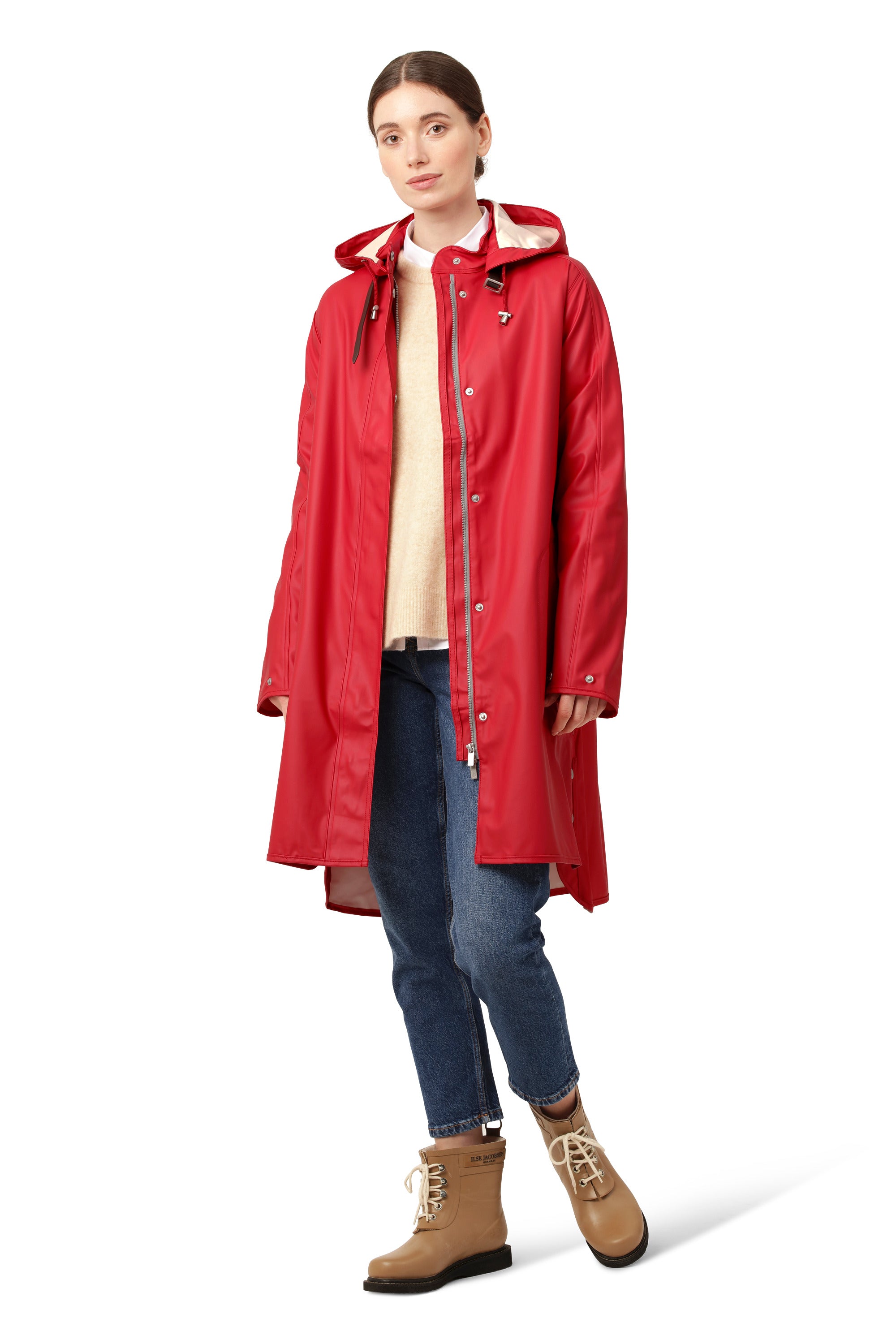 Red Ilse Jacobsen Waterproof Snap Hood Rain Jacket styled with jeans and tan boots for outerwear fashion.