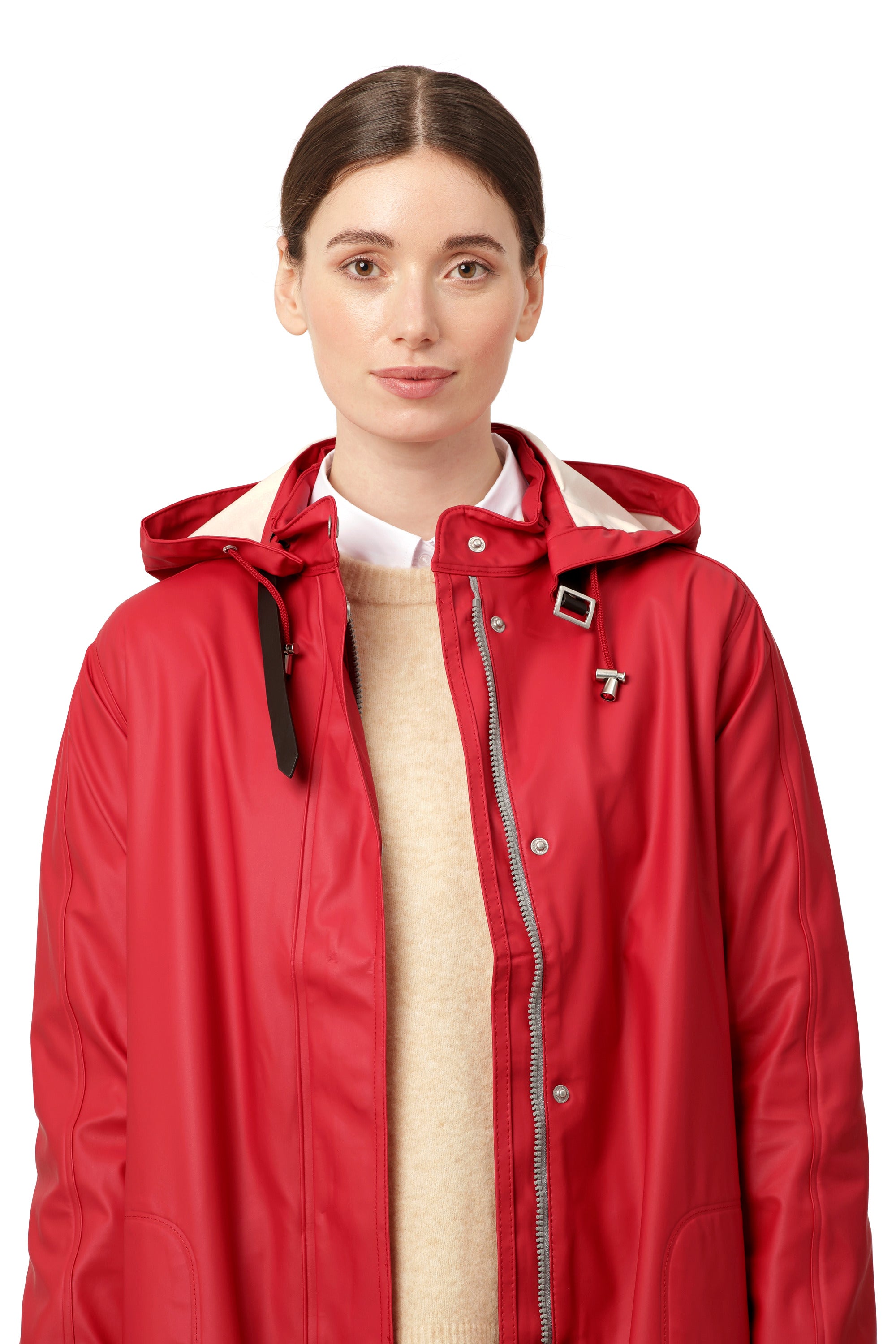 Ilse Jacobsen Waterproof Snap Hood Rain Jacket in red, lightweight outerwear with front zipper and snap buttons