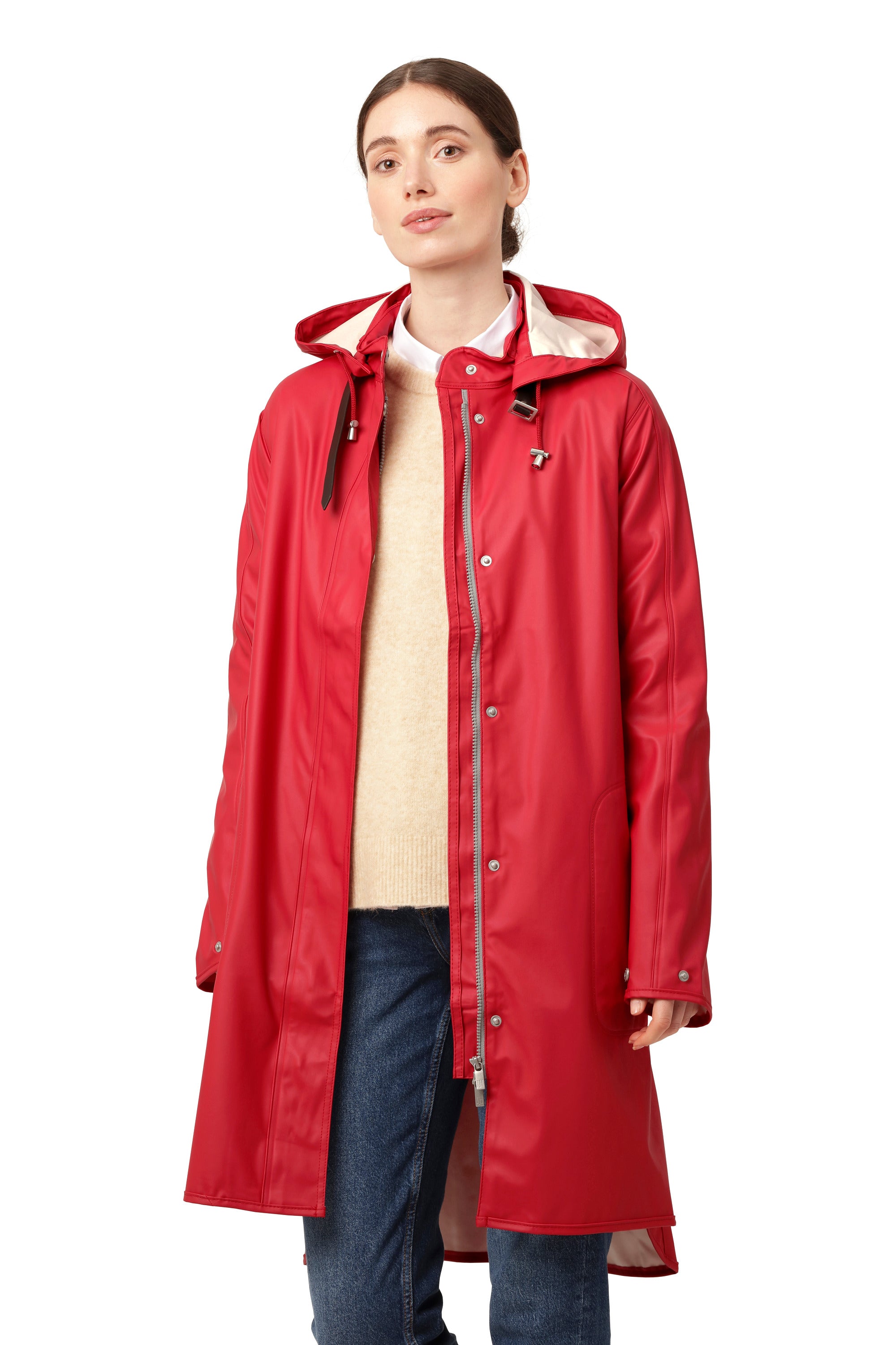 Ilse Jacobsen Waterproof Snap Hood Rain Jacket in red water-resistant outerwear for stylish protection.