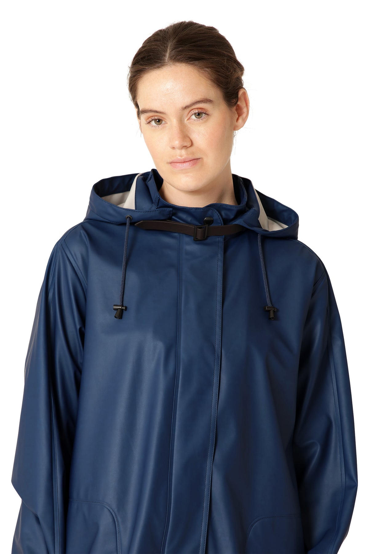 Ilse Jacobsen Waterproof Snap Hood Rain Jacket in navy blue, featuring adjustable hood and waterproof material.