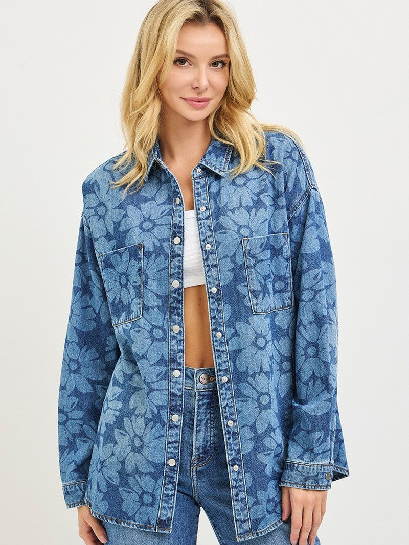 Retro Floral Denim Button-Up Shirt by Risen in blue denim with large floral print and button closure front.