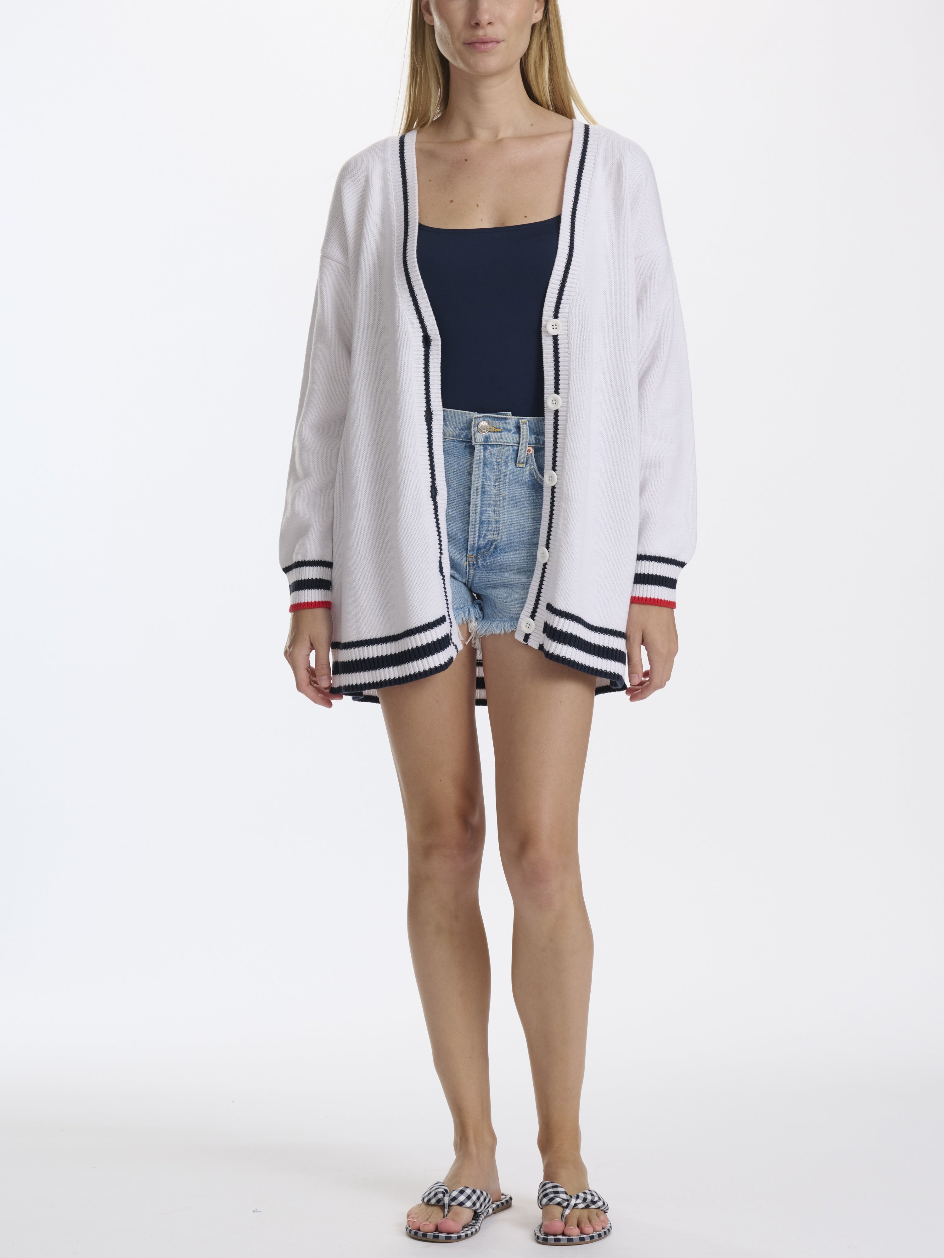 Splendid Catch of the Day Nautical Lobster Cardigan in white with navy and red trim, classic outerwear sweater by Splendid.