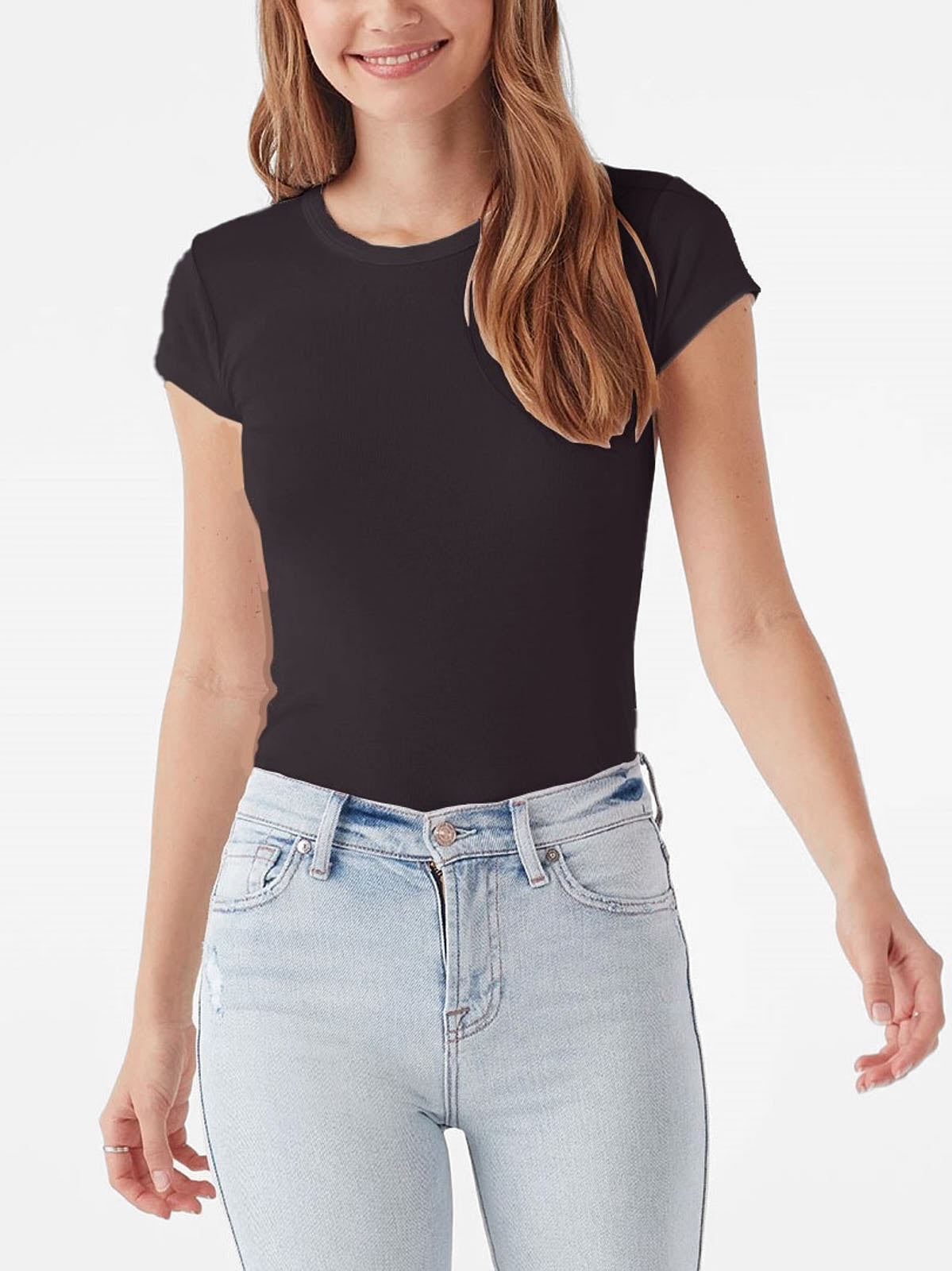 Splendid Faye Short Sleeve Crew Tee in black paired with light wash denim jeans by Splendid