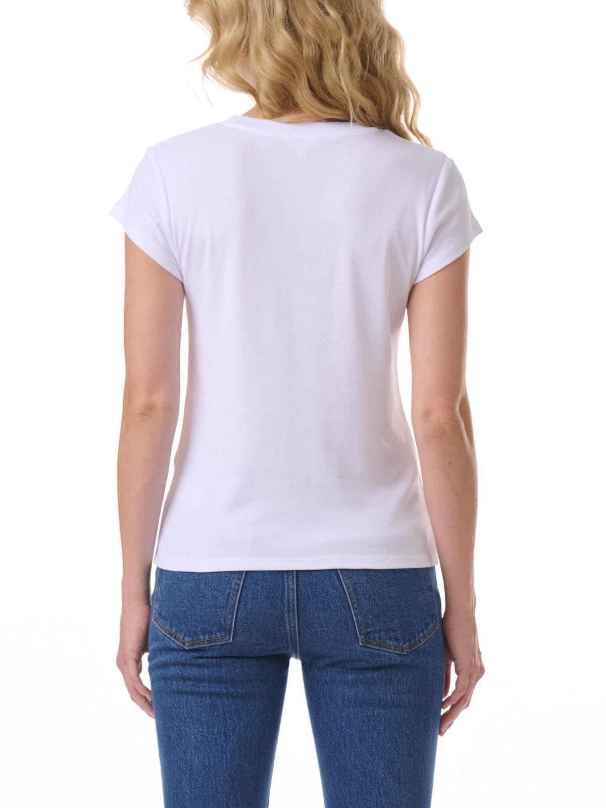 White short sleeve crew tee by Splendid Faye, styled with blue denim jeans, soft fabric top for casual wear.