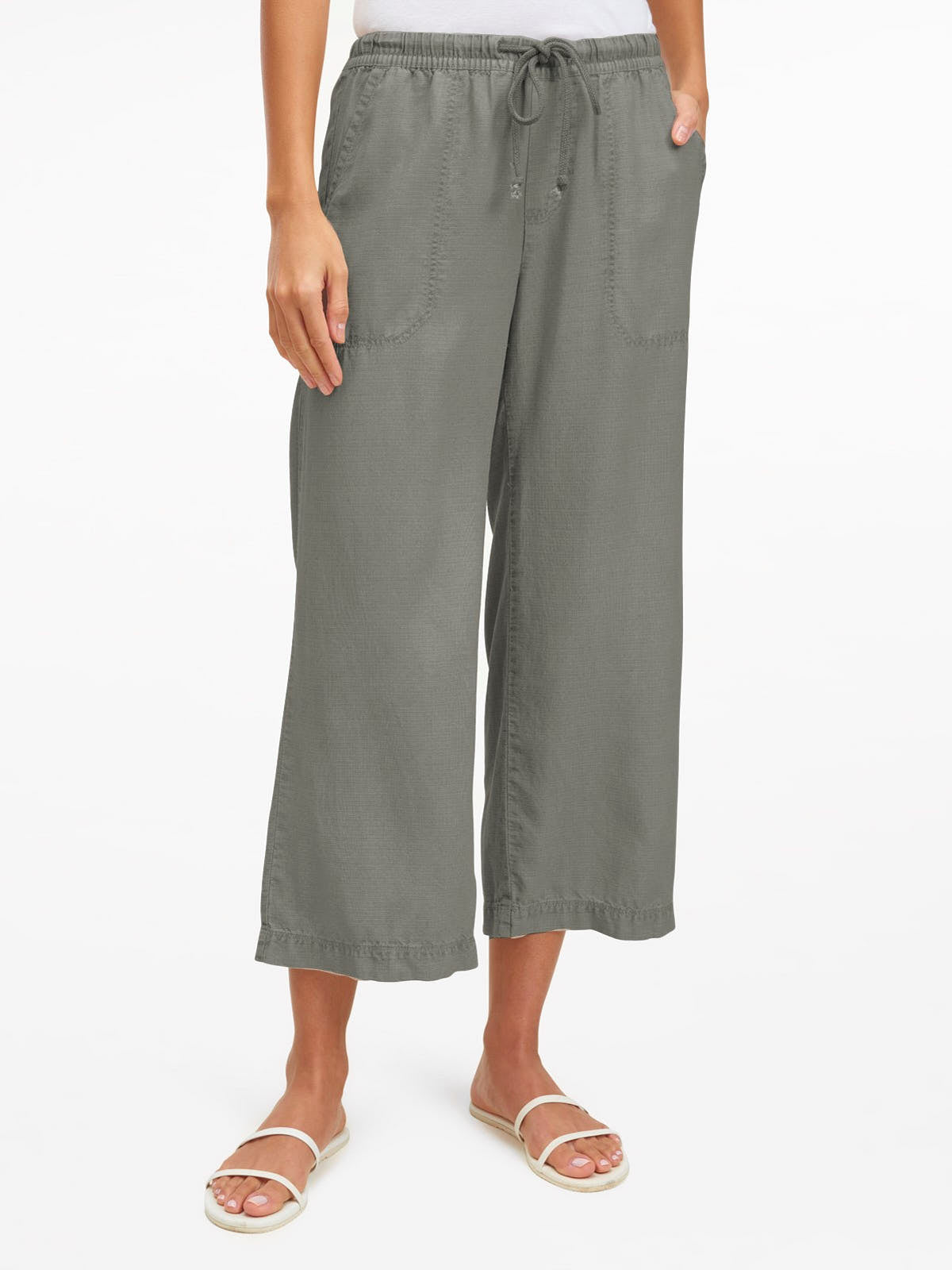 Splendid Angie Linen Blend 25” Cropped Pant in olive green with drawstring waist and front pockets by Splendid.