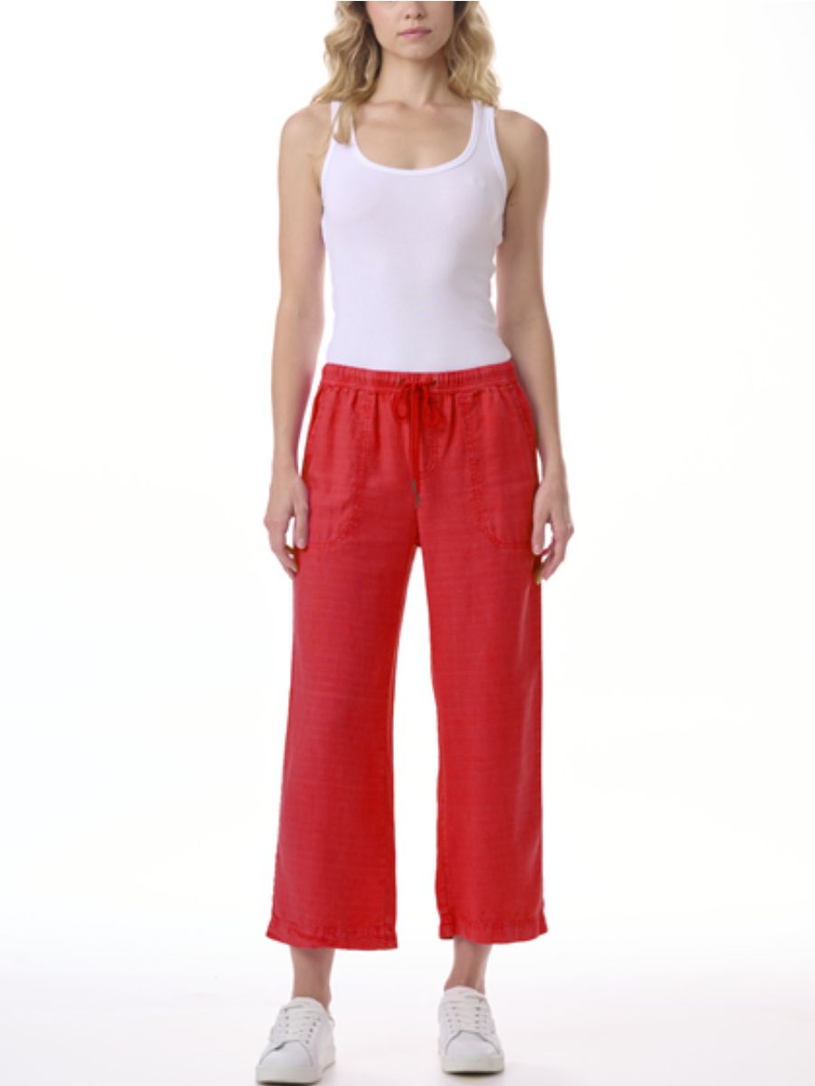 Splendid Angie Linen Blend 25” Cropped Pant in red by Splendid, featuring a drawstring waist and relaxed fit.
