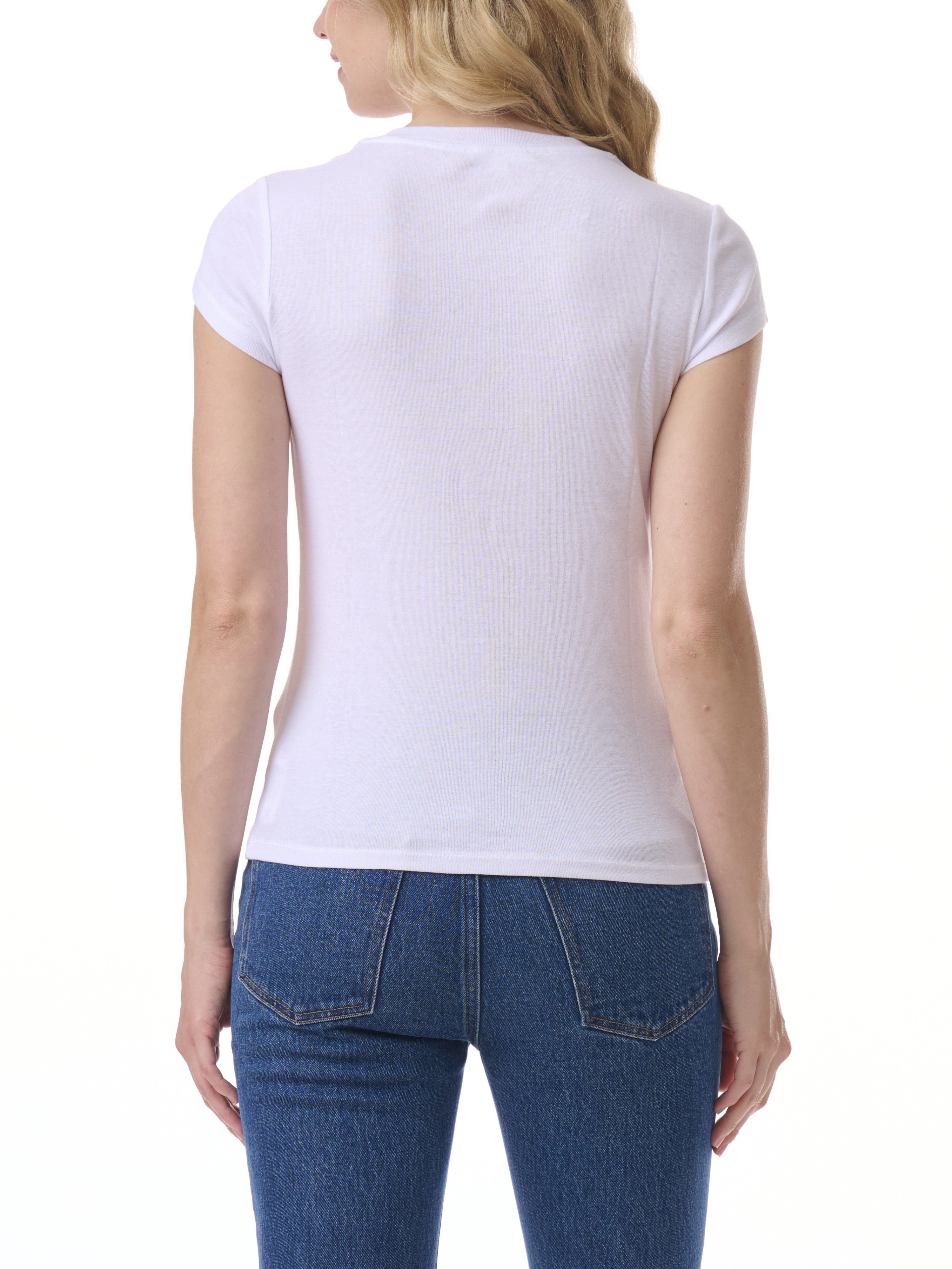 Back view of white Splendid Faye Short Sleeve V-Neck Essential Tee paired with blue denim jeans by Splendid.
