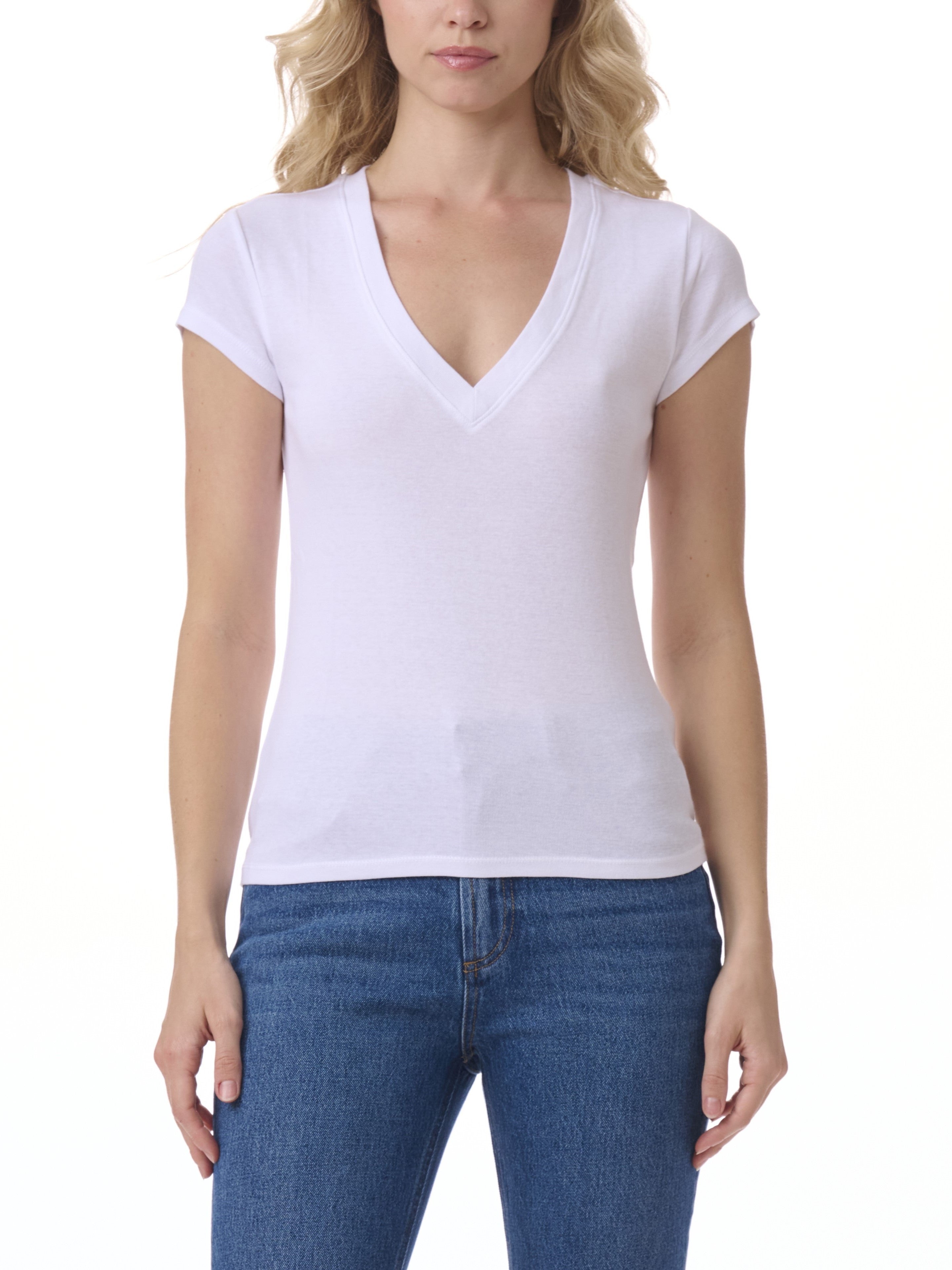 Splendid Faye Short Sleeve V-Neck Essential Tee in white paired with blue denim jeans by Splendid.