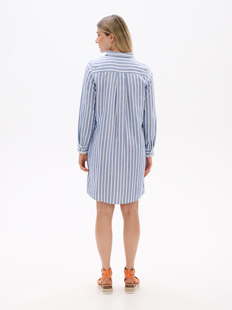 Hatley Julia Long Sleeve Shirt Dress in blue and white stripes by Hatley, shown from the back with long sleeves.