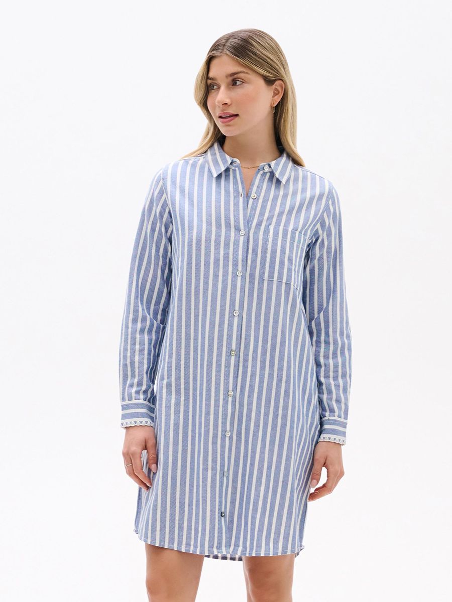 Hatley Julia Long Sleeve Shirt Dress in blue and white vertical stripes by Hatley, casual button-down style