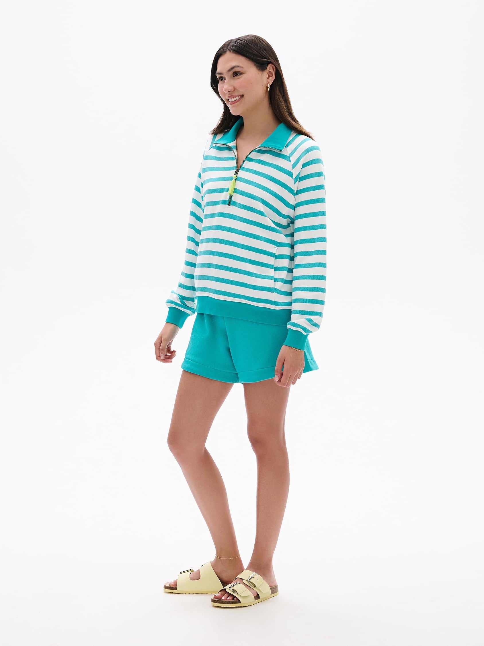 Hatley Mock Neck ¼ Zip Pullover in teal and white stripes, a cozy sweater from Hatley outerwear collection.