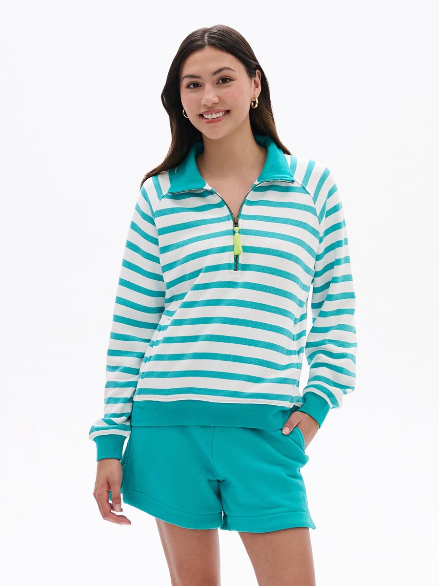Hatley Mock Neck ¼ Zip Pullover in teal and white stripes, styled with teal shorts, branded by Hatley, cozy sweater
