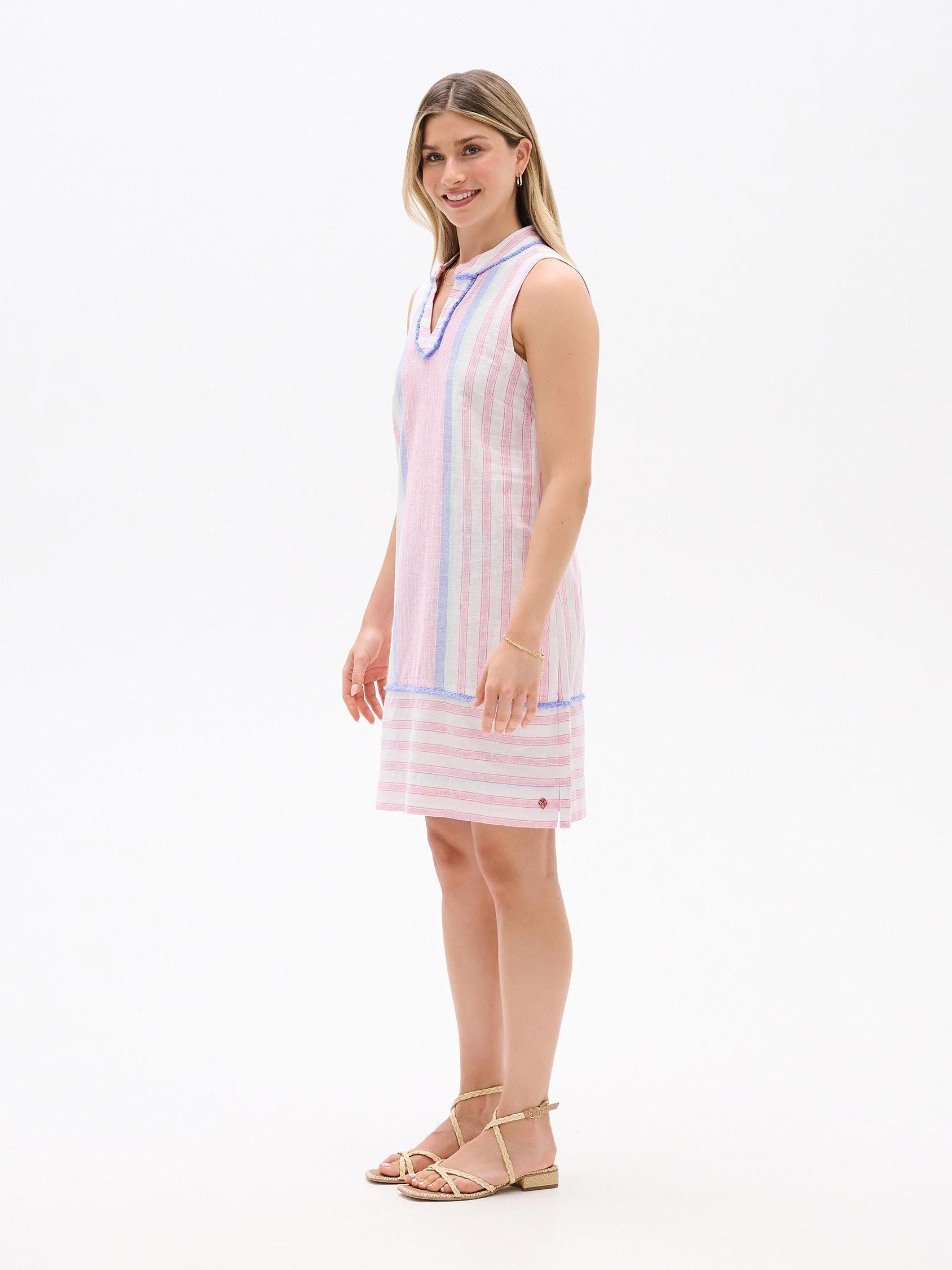 Hatley Marin Dress in pastel pink stripes by Hatley, sleeveless with collar and light blue trim details.