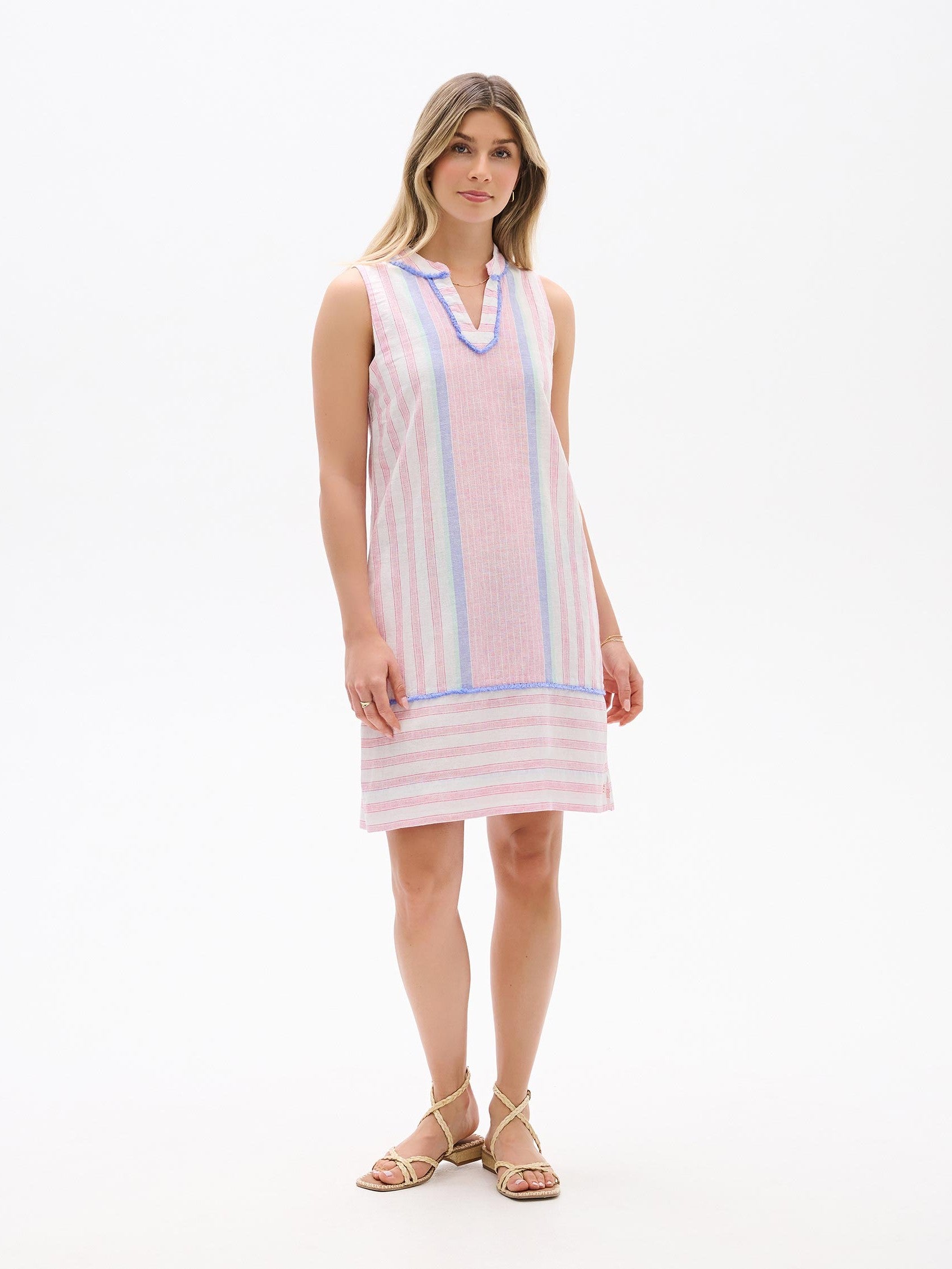 Hatley Marin Dress with pastel pink and blue vertical and horizontal stripes by Hatley, styled with sandals.