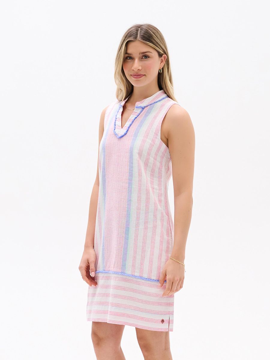 Hatley Marin Dress in pastel pink and blue stripes with sleeveless design and delicate trim by Hatley