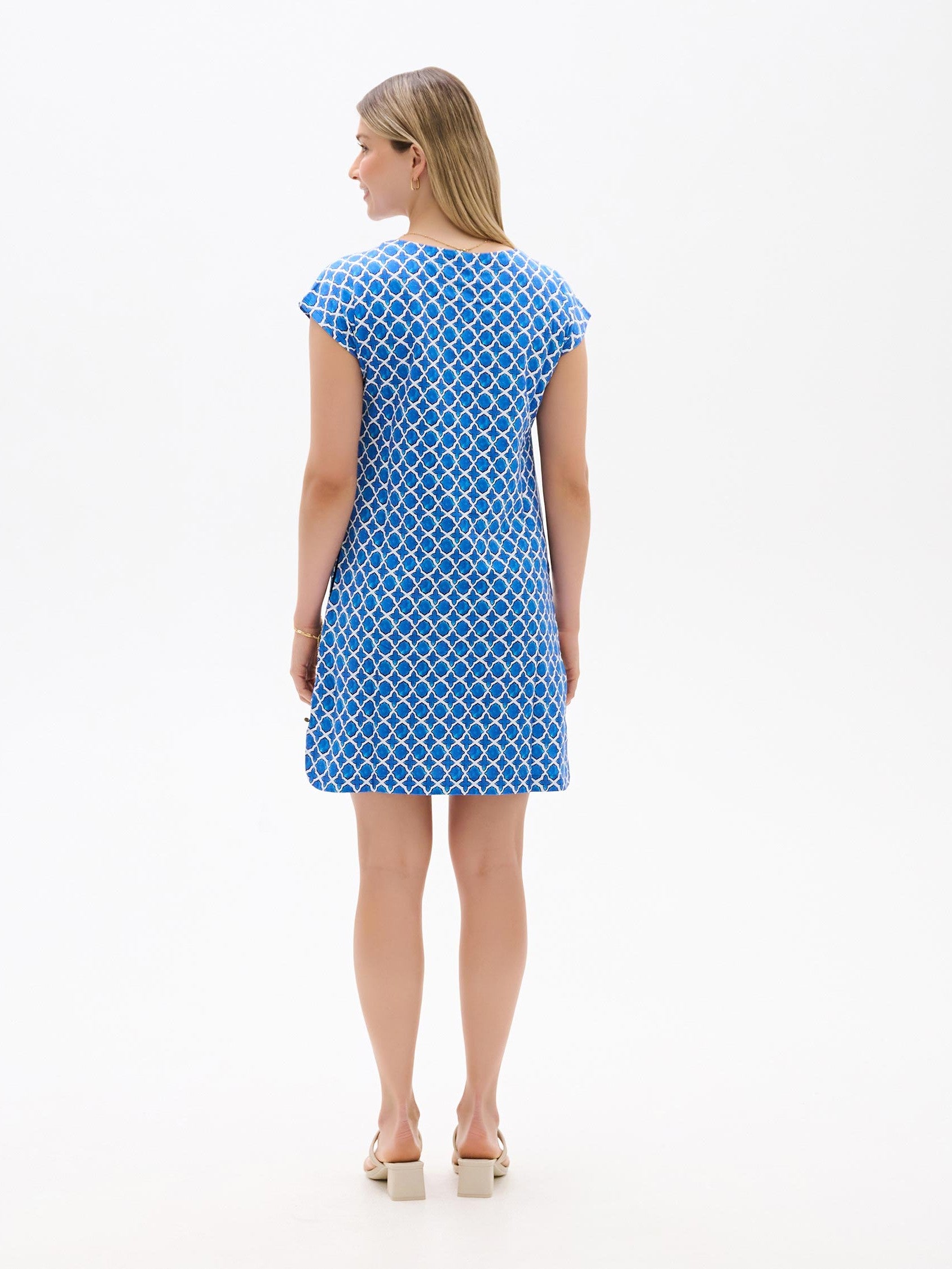 Back view of Hatley Capri French Dress in blue with white geometric pattern by Hatley