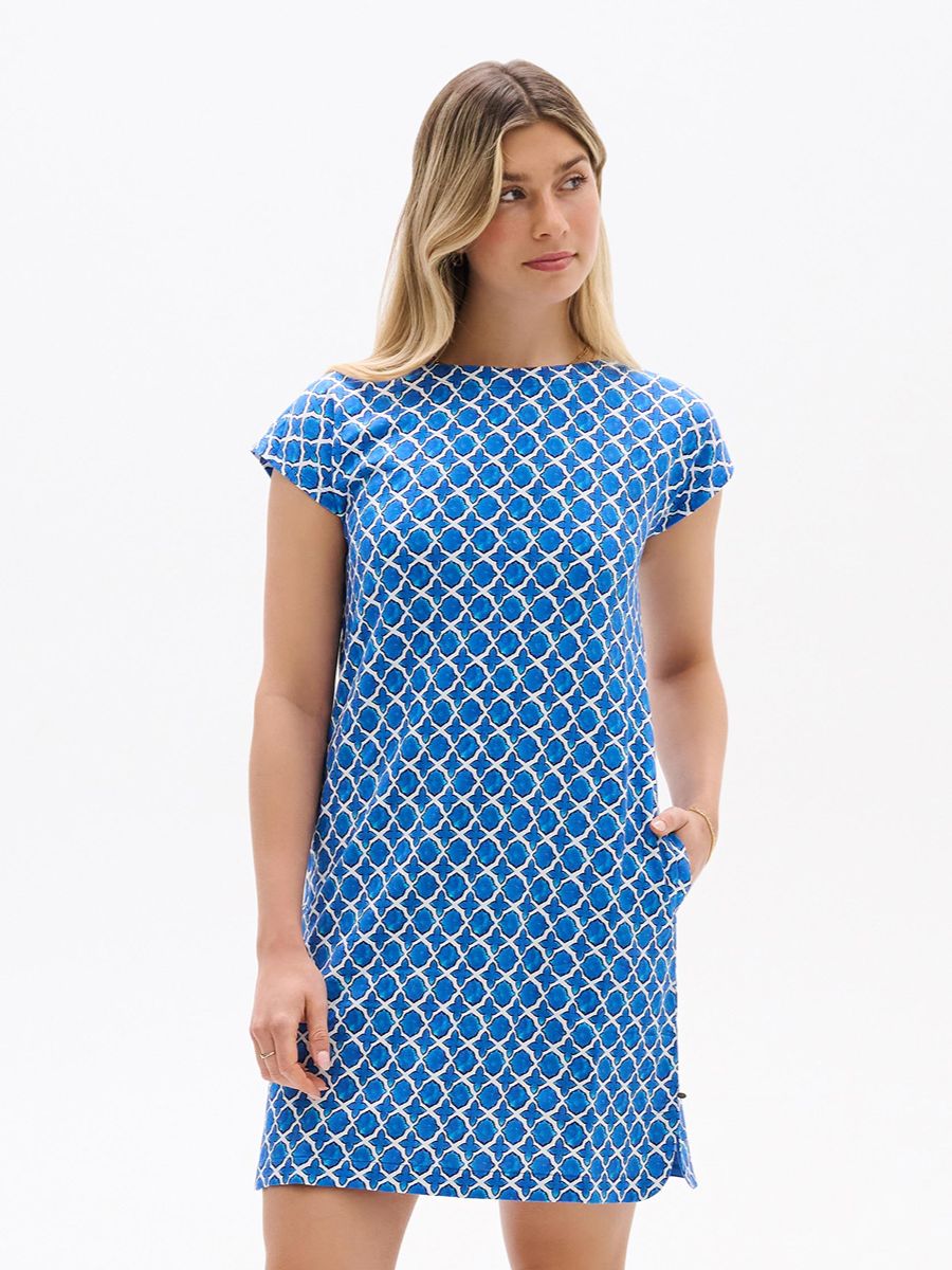 Blue geometric patterned Hatley Capri French Dress with short sleeves and side pockets by Hatley.