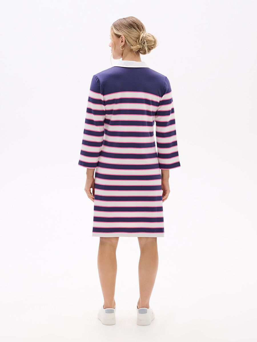 Back view of Hatley Taylor Polo Long Sleeve Dress in navy and white stripes with pink accents by Hatley.