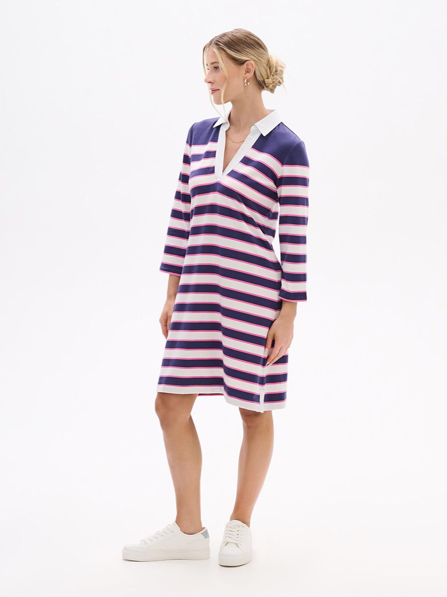 Hatley Taylor Polo Long Sleeve Dress striped in navy, pink, and white by Hatley with a white collar and side slits.