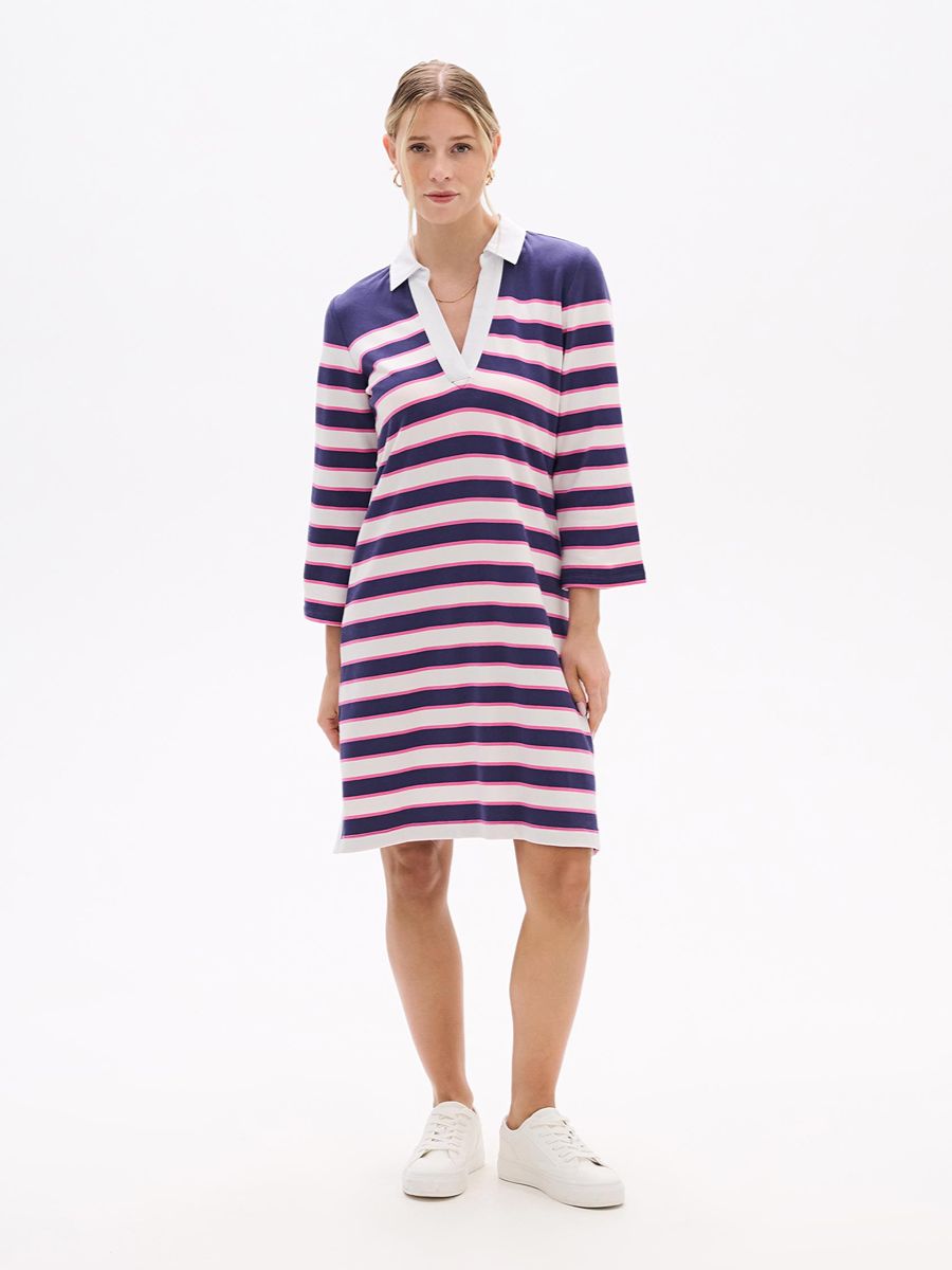 Hatley Taylor Polo Long Sleeve Dress by Hatley in navy and white stripes with pink accents and collar detail