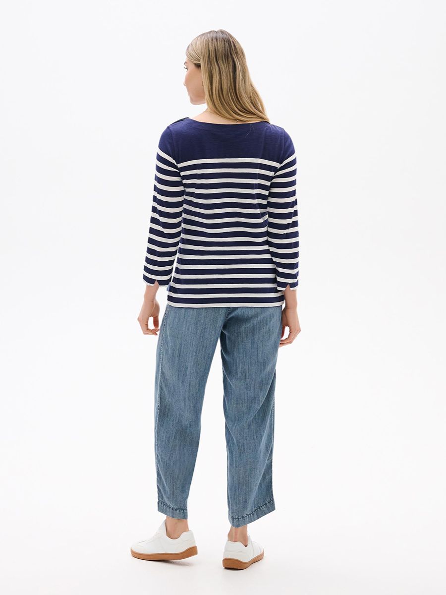 Hatley Breton Button Long Sleeve Top with navy and white stripes paired with casual denim jeans and white sneakers