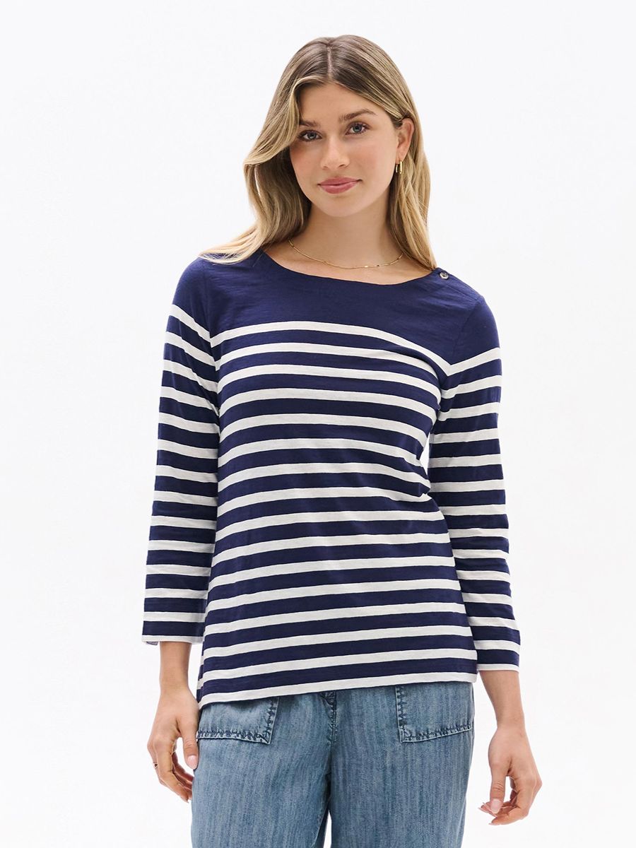 Hatley Breton Button Long Sleeve Top in navy and white stripes by Hatley paired with casual denim pants