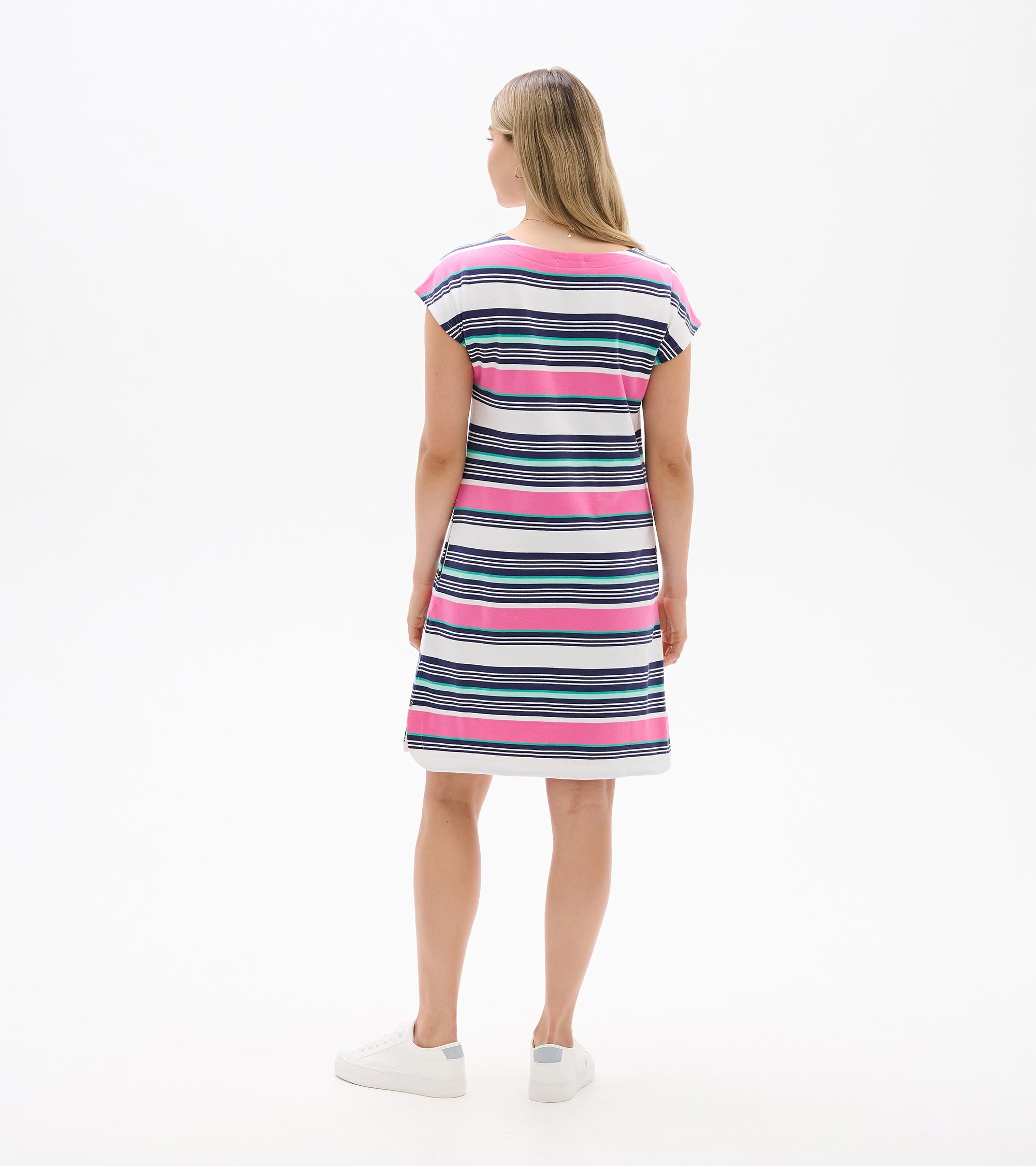 Back view of Hatley Stripe Short Sleeve Dress by Hatley in pink, navy, and white horizontal stripes.