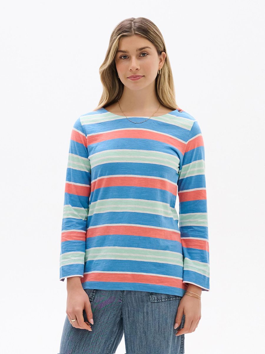 Hatley Breton Long Sleeve Top in blue, green, and coral stripes from Hatley styled with denim jeans.