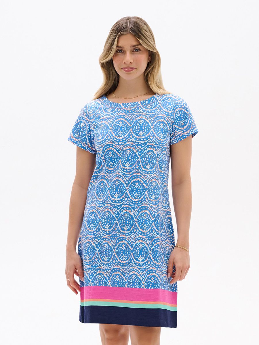 Hatley New Nellie Dress in blue patterned fabric with pink, green, and navy color block hem by Hatley