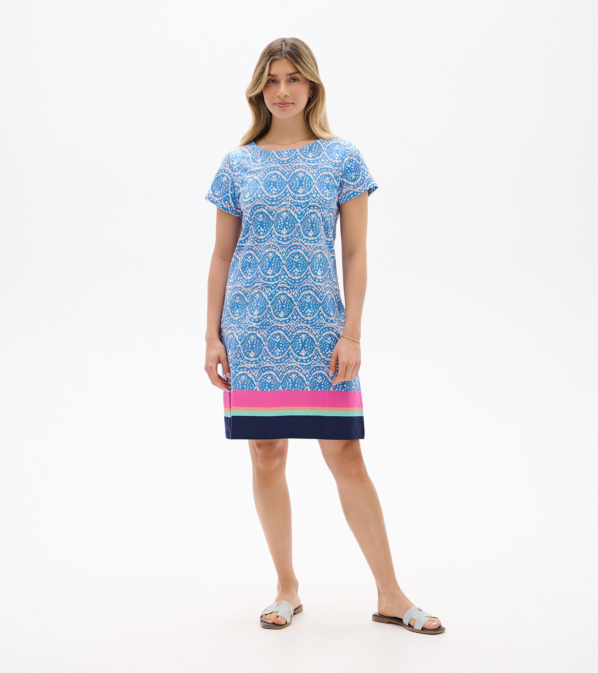 Hatley New Nellie Dress in blue with pink and green stripes by Hatley, casual short sleeve summer outfit.