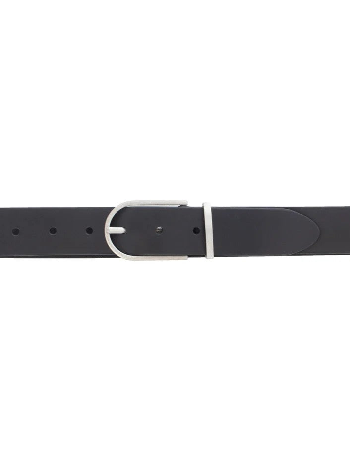 Black leather belt with a silver rounded buckle and multiple adjustment holes against a white background.