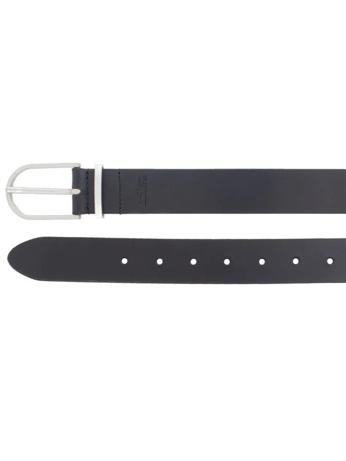 Black leather belt with silver metal buckle and multiple adjustment holes on white background.