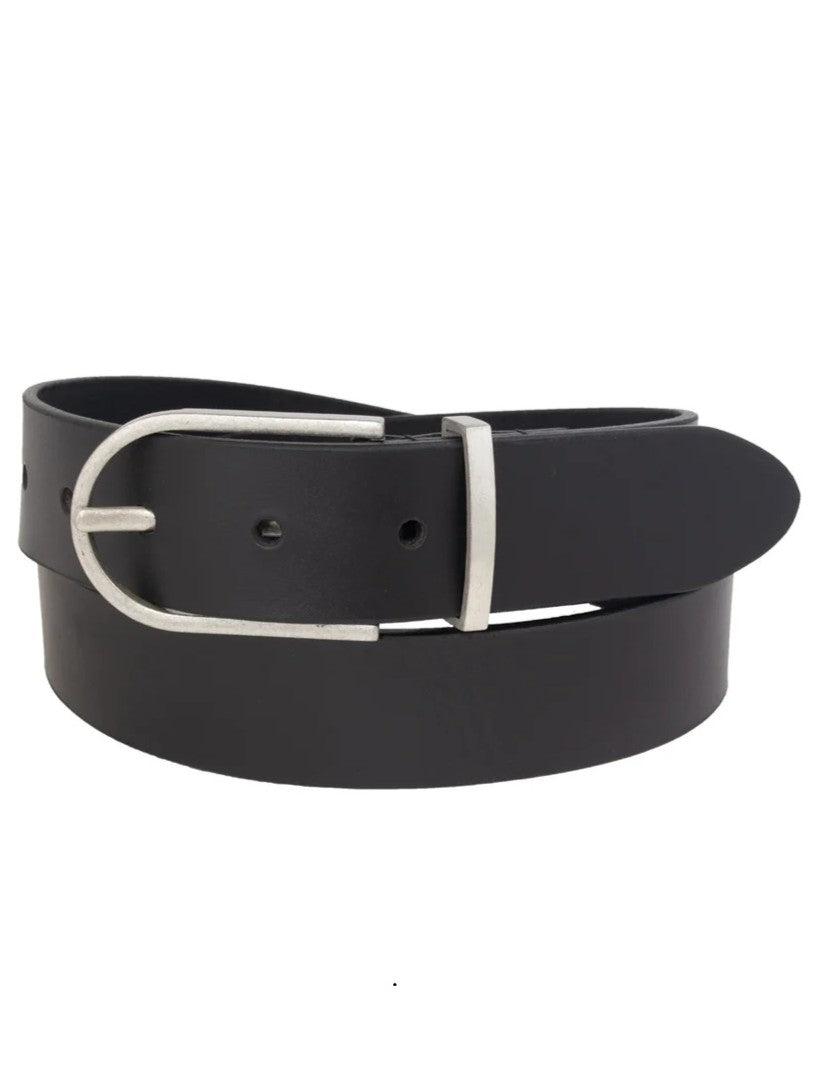 Elongated Harness Leather Belt in black with silver buckle from Custom Leather Accessories, premium leather accessory.