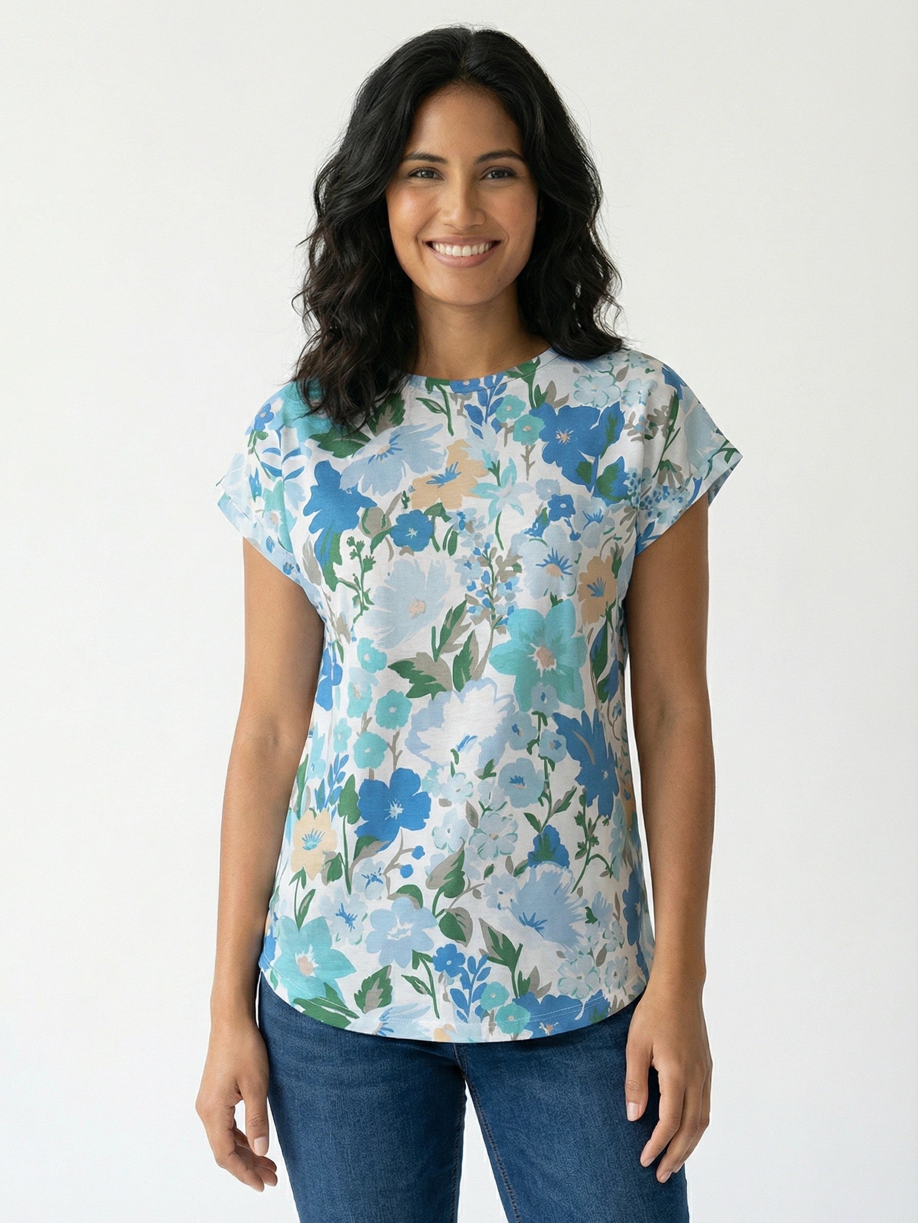 Creation Short Sleeve Printed Crew Neck Top by Creations in blue floral print with a relaxed fit and short sleeves.