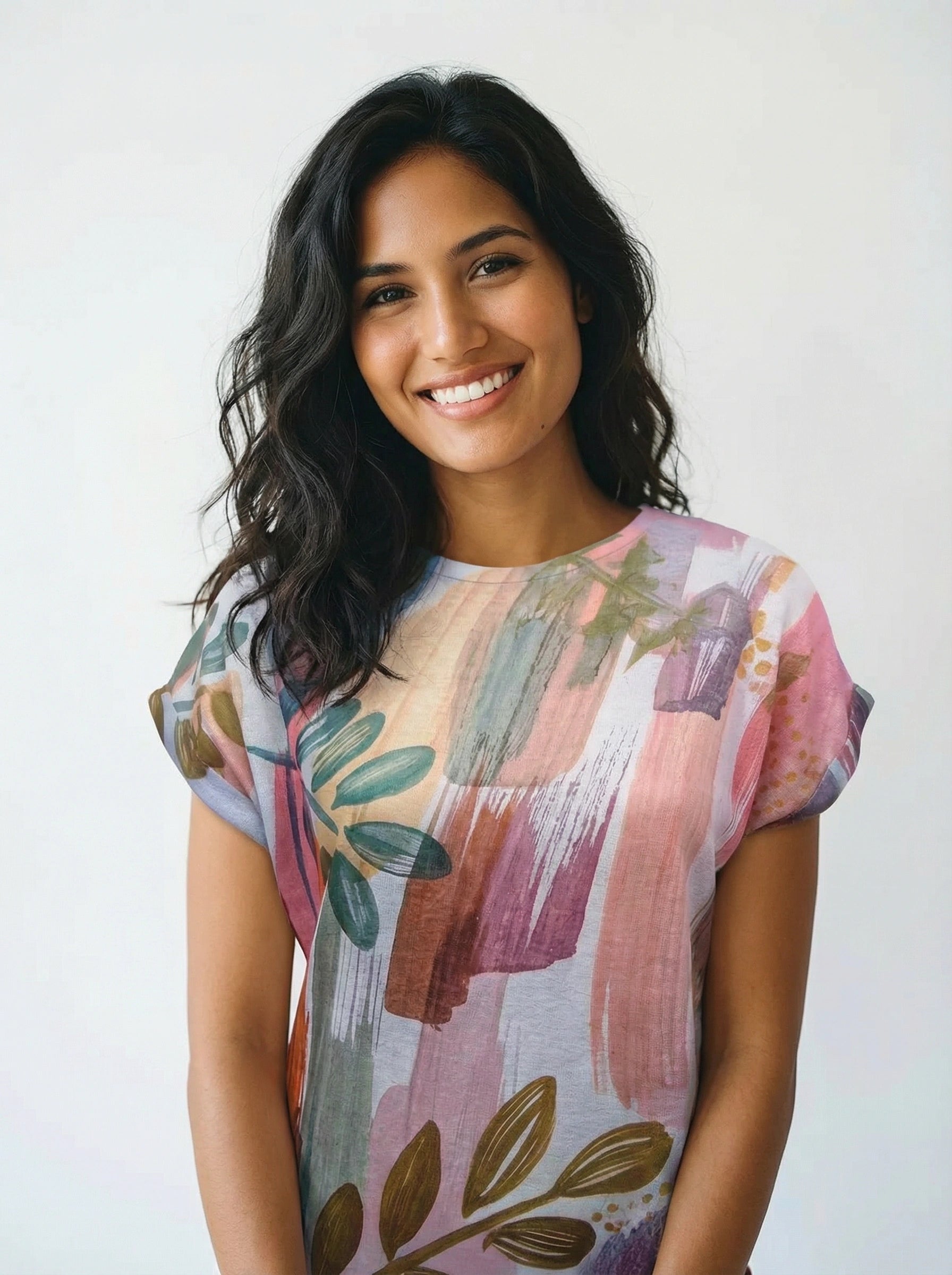 Creation Short Sleeve Printed Crew Neck Top by Creations in soft pastel tones with abstract leaf patterns.