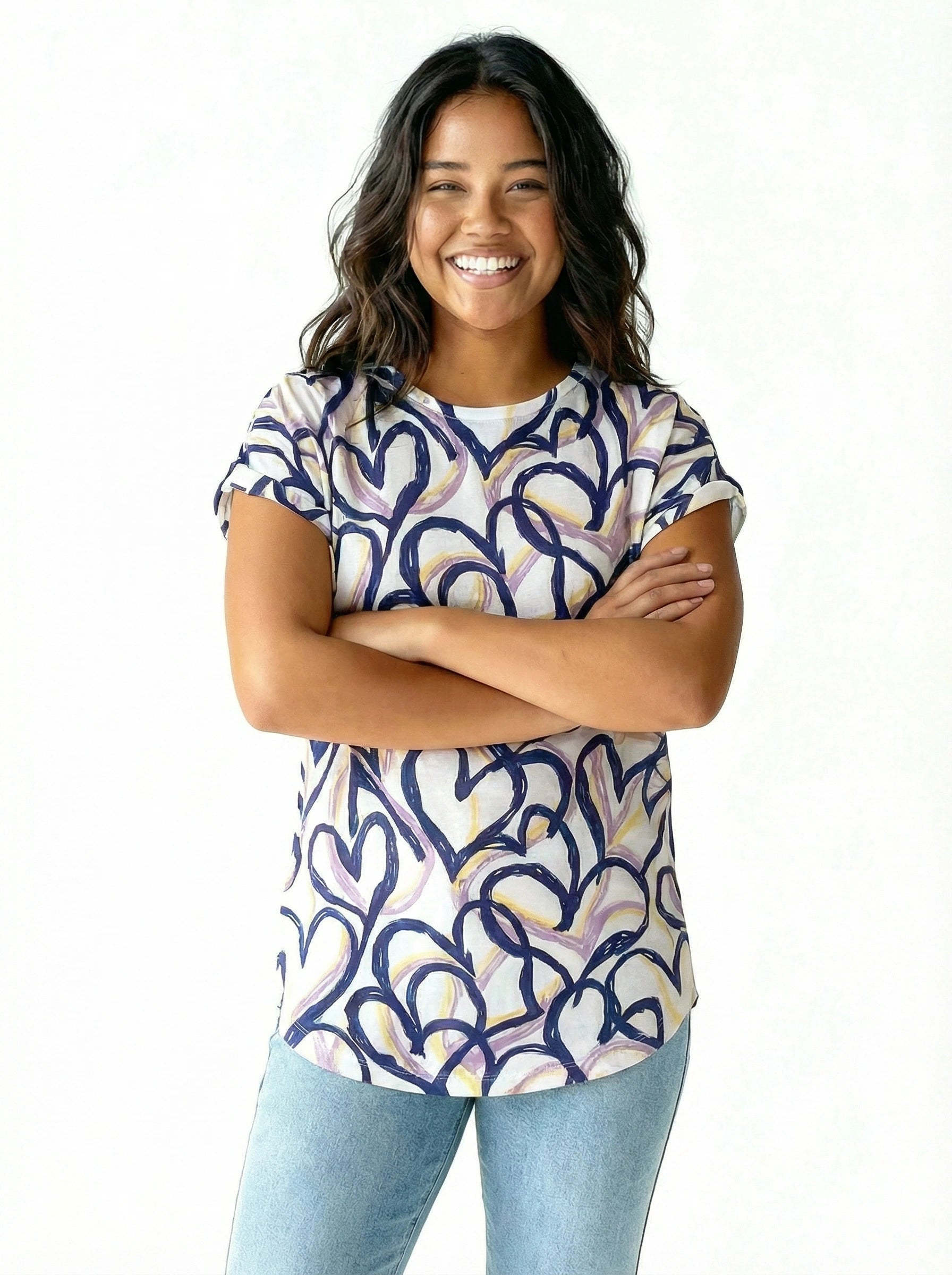 Creation Short Sleeve Printed Crew Neck Top by Creations featuring abstract heart design in purple, navy, and beige tones.