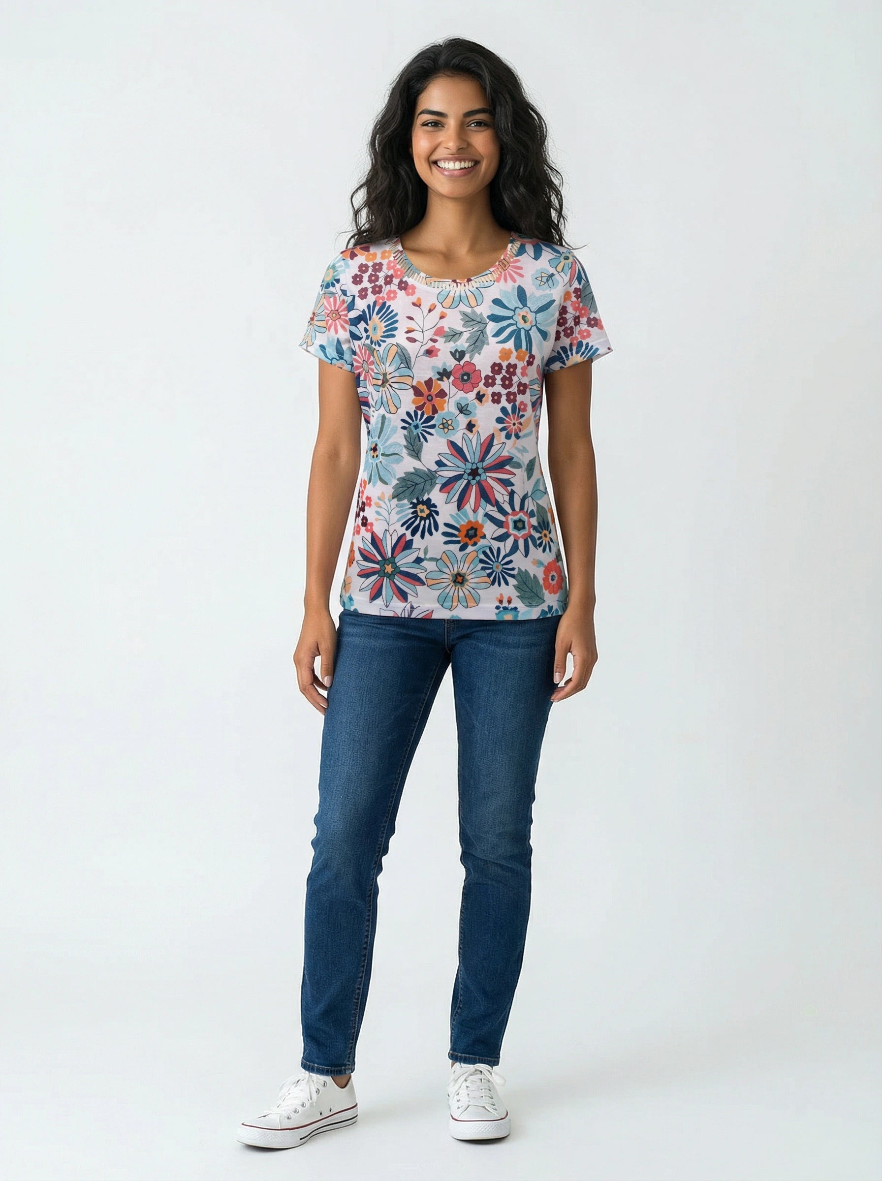 Creation Short Sleeve Crew Neck Top with Detail by Creations, floral print, paired with casual jeans and white sneakers.