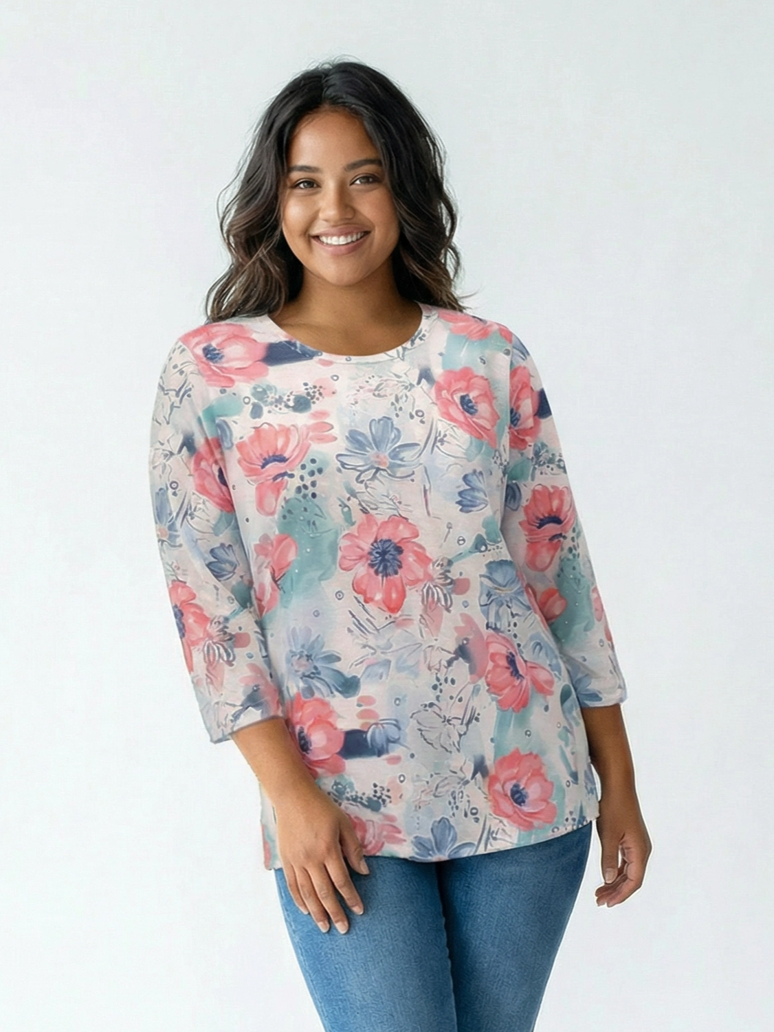 Creation 3/4 Sleeve Crew Neck Top by Creations in floral pattern with soft pastel colors and casual fit top design