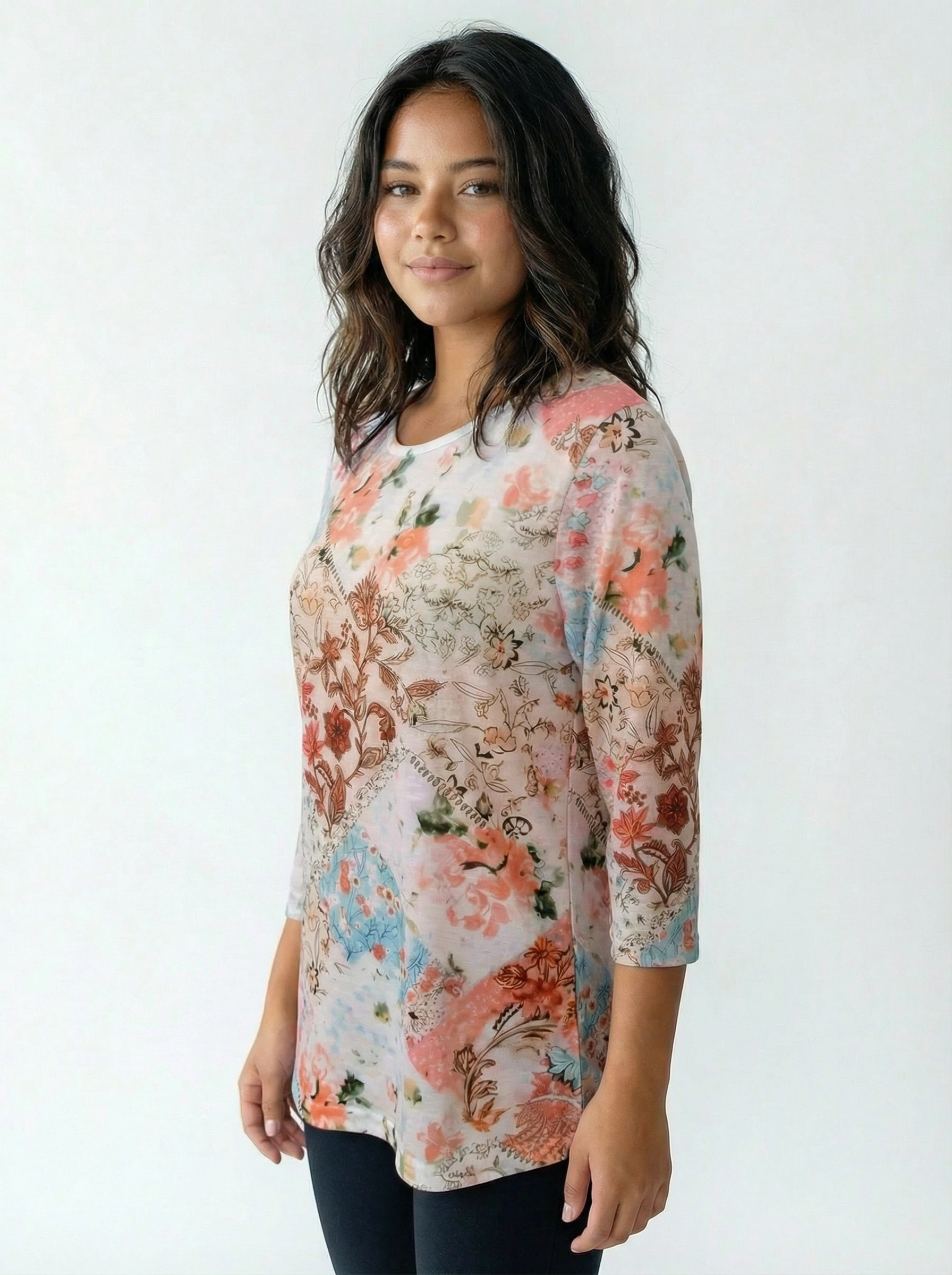 Creation 3/4 Sleeve Crew Neck Top by Creations with multicolor floral and patchwork design on lightweight fabric.