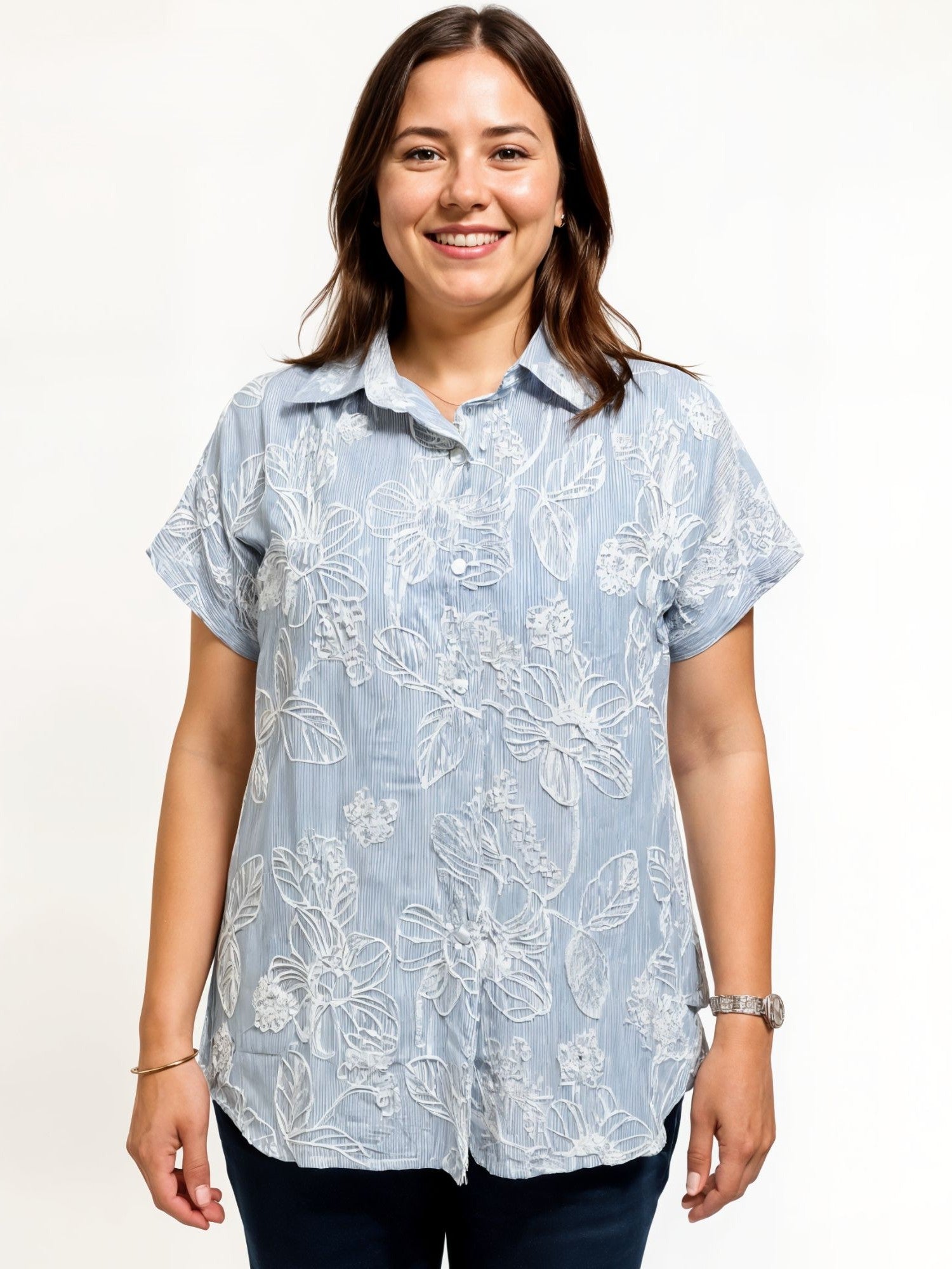 Light blue Creation Embroidered Flower Button-Up Shirt by Creations with white floral embroidery and short sleeves.