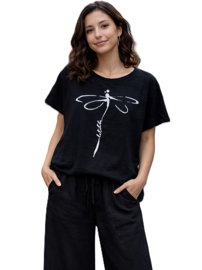 Dragonfly Print Linen Blend Short Sleeve Top by Plum Loco in black with white dragonfly graphic and relaxed fit style.