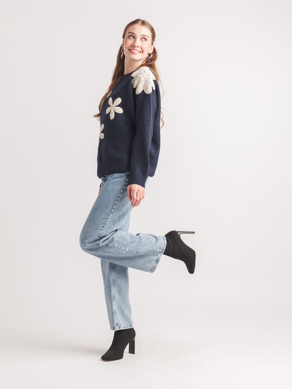 Papillon Multi Daisy Crochet Crew Neck Sweater