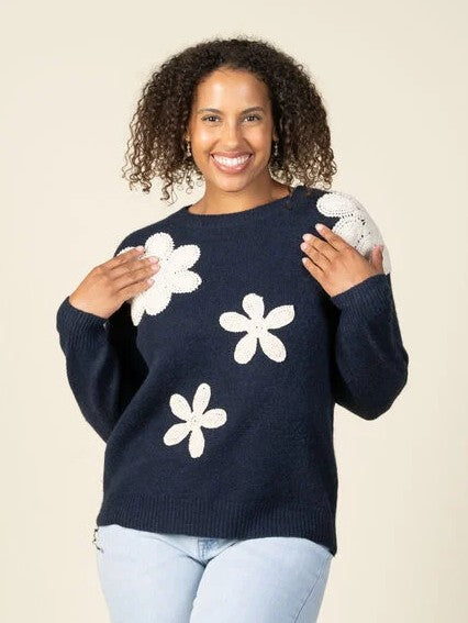Papillon Multi Daisy Crochet Crew Neck Sweater