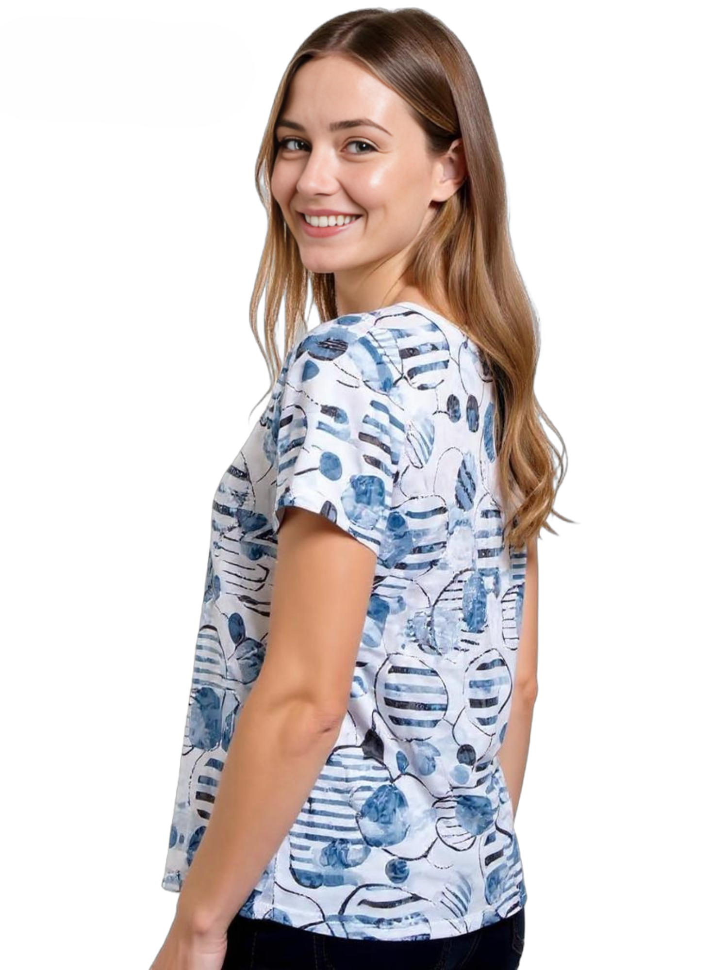 Smiling individual with long hair wearing a short-sleeve white top featuring blue abstract patterns and stripes.